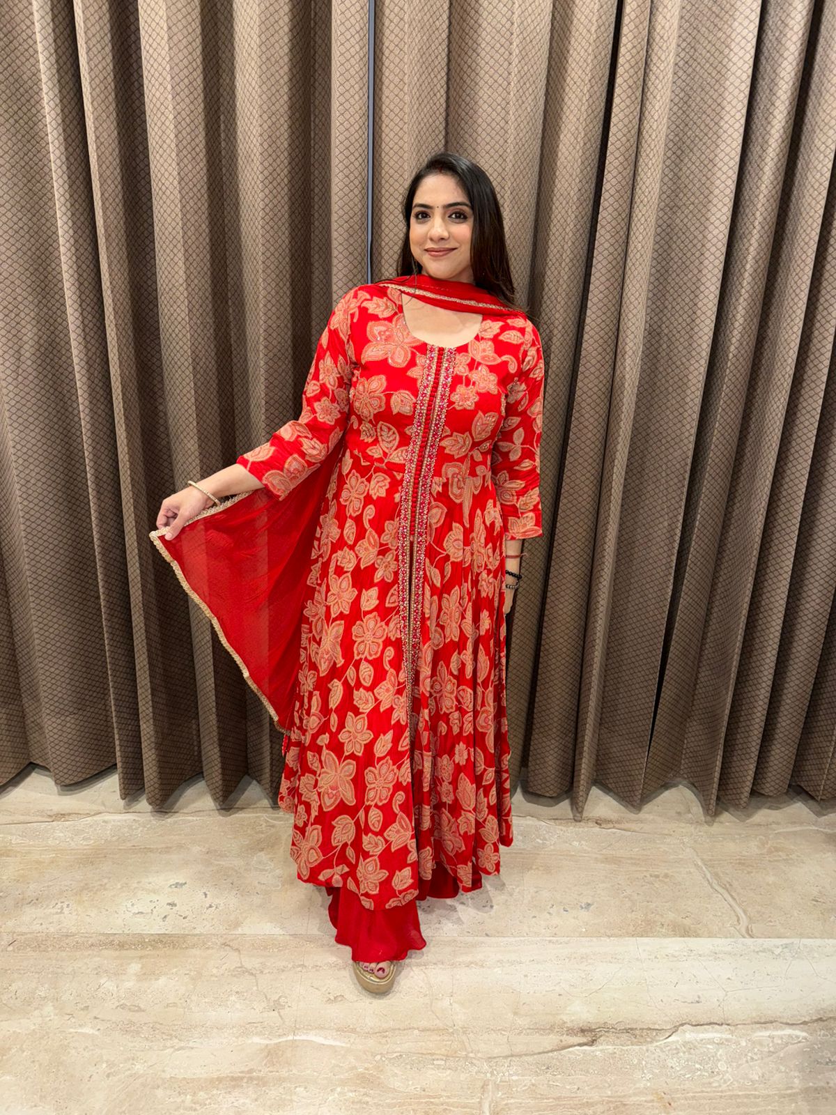 Red Floral Printed Anarkali Suit Set