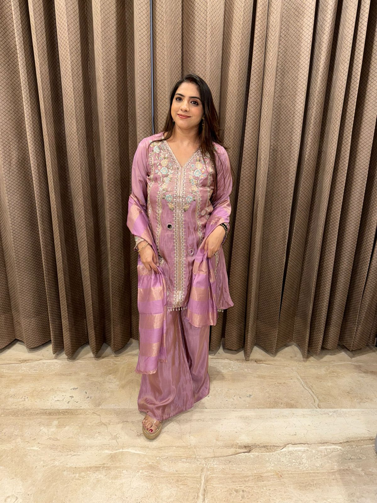 Pastel Lavender Mirror & Thread Work Kurta Set