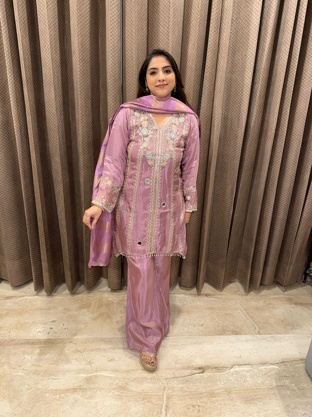 Pastel Lavender Mirror & Thread Work Kurta Set