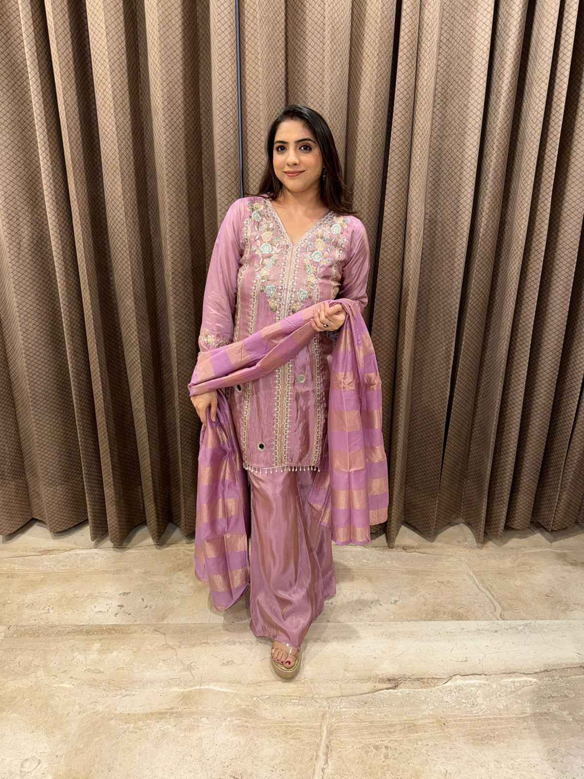 Pastel Lavender Mirror & Thread Work Kurta Set