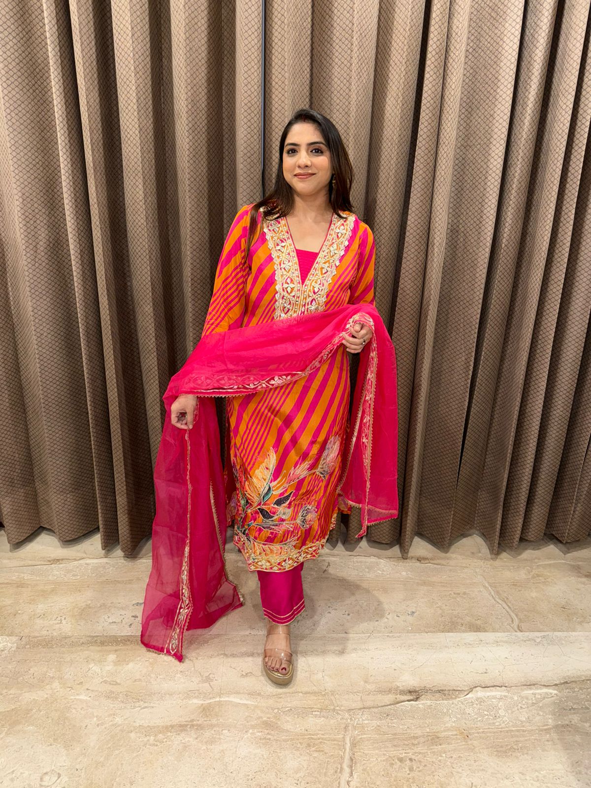 Vibrant Pink & Orange Striped Embroidered Suit Set