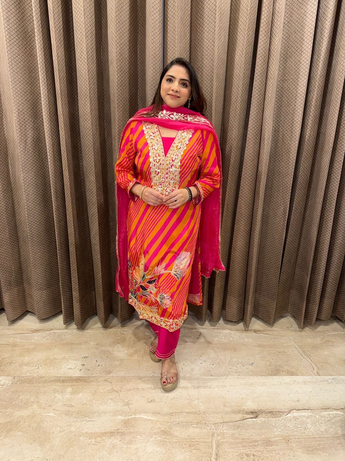 Vibrant Pink & Orange Striped Embroidered Suit Set