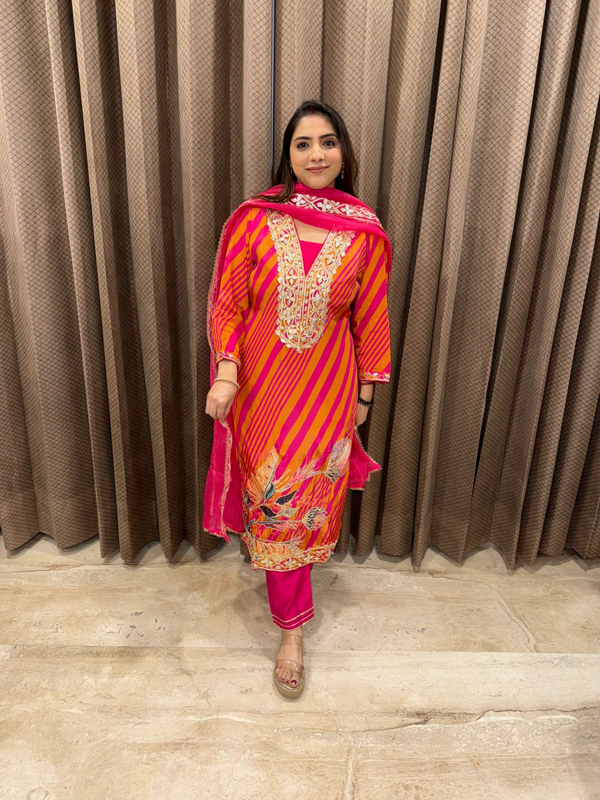 Vibrant Pink & Orange Striped Embroidered Suit Set