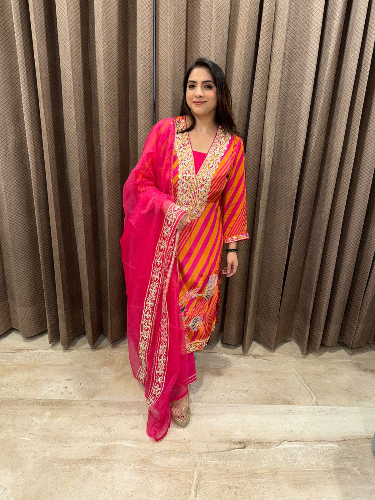 Vibrant Pink & Orange Striped Embroidered Suit Set