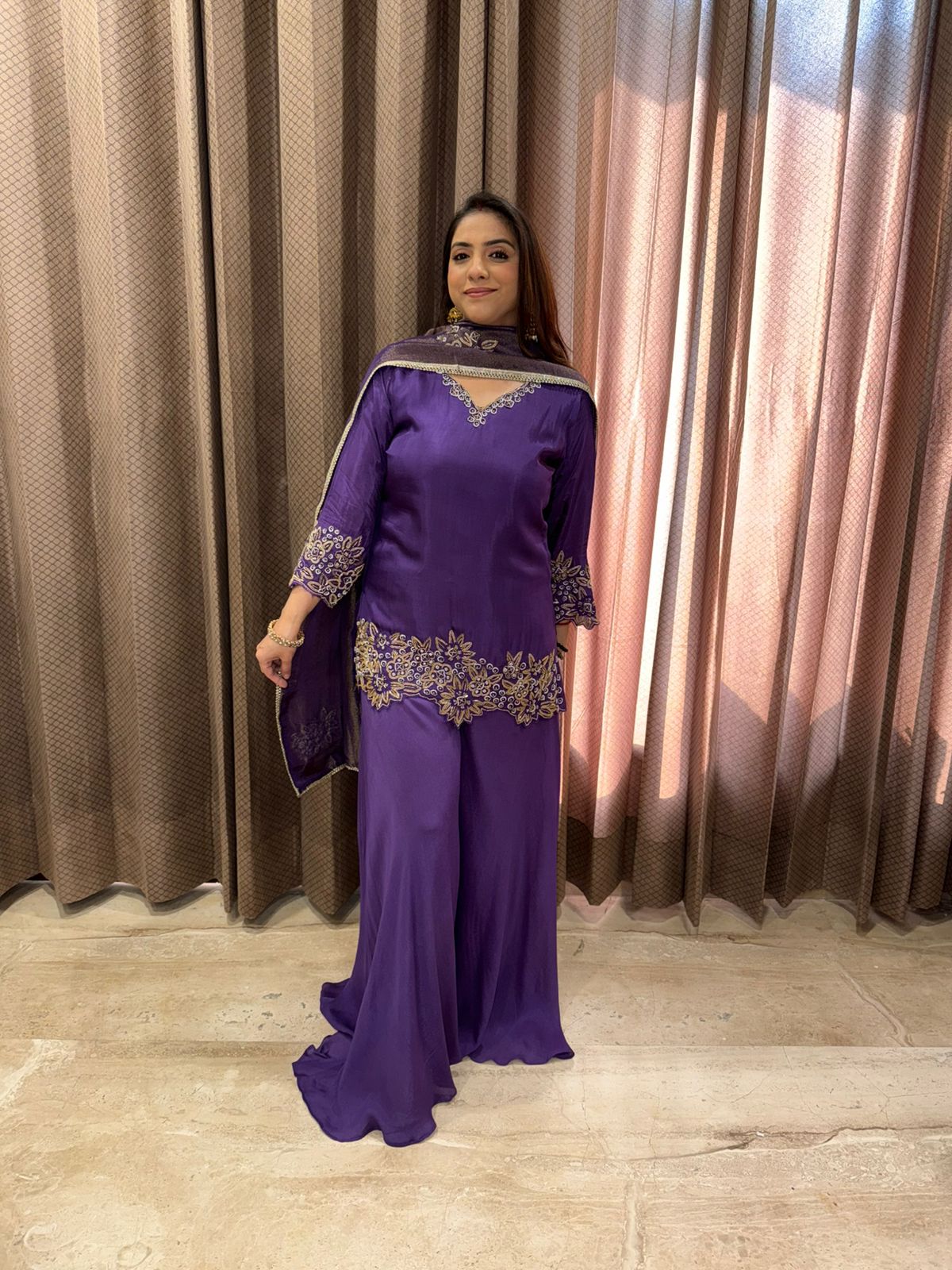 Purple Embroidered Kurta with Palazzo & Dupatta Set