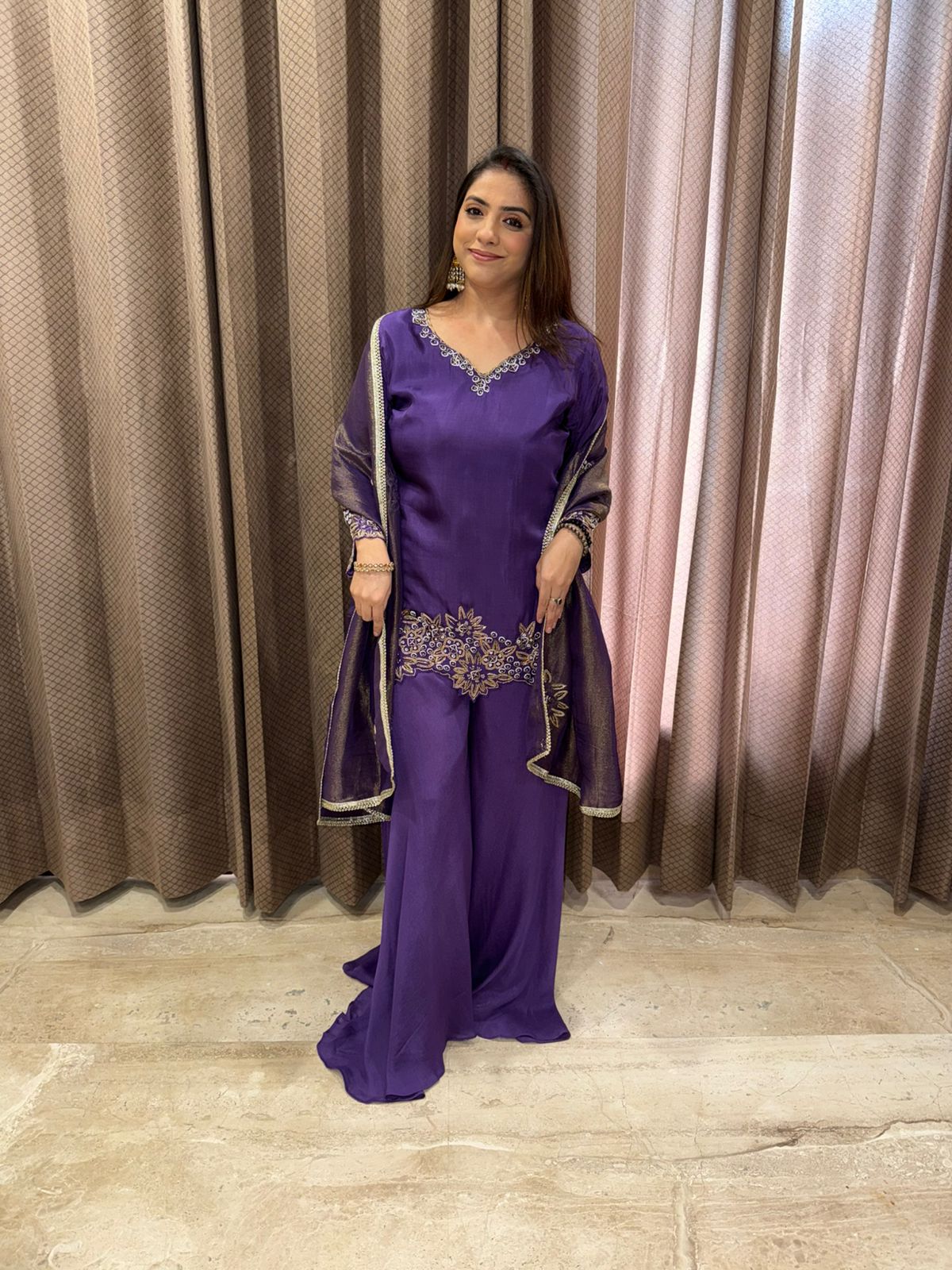 Purple Embroidered Kurta with Palazzo & Dupatta Set