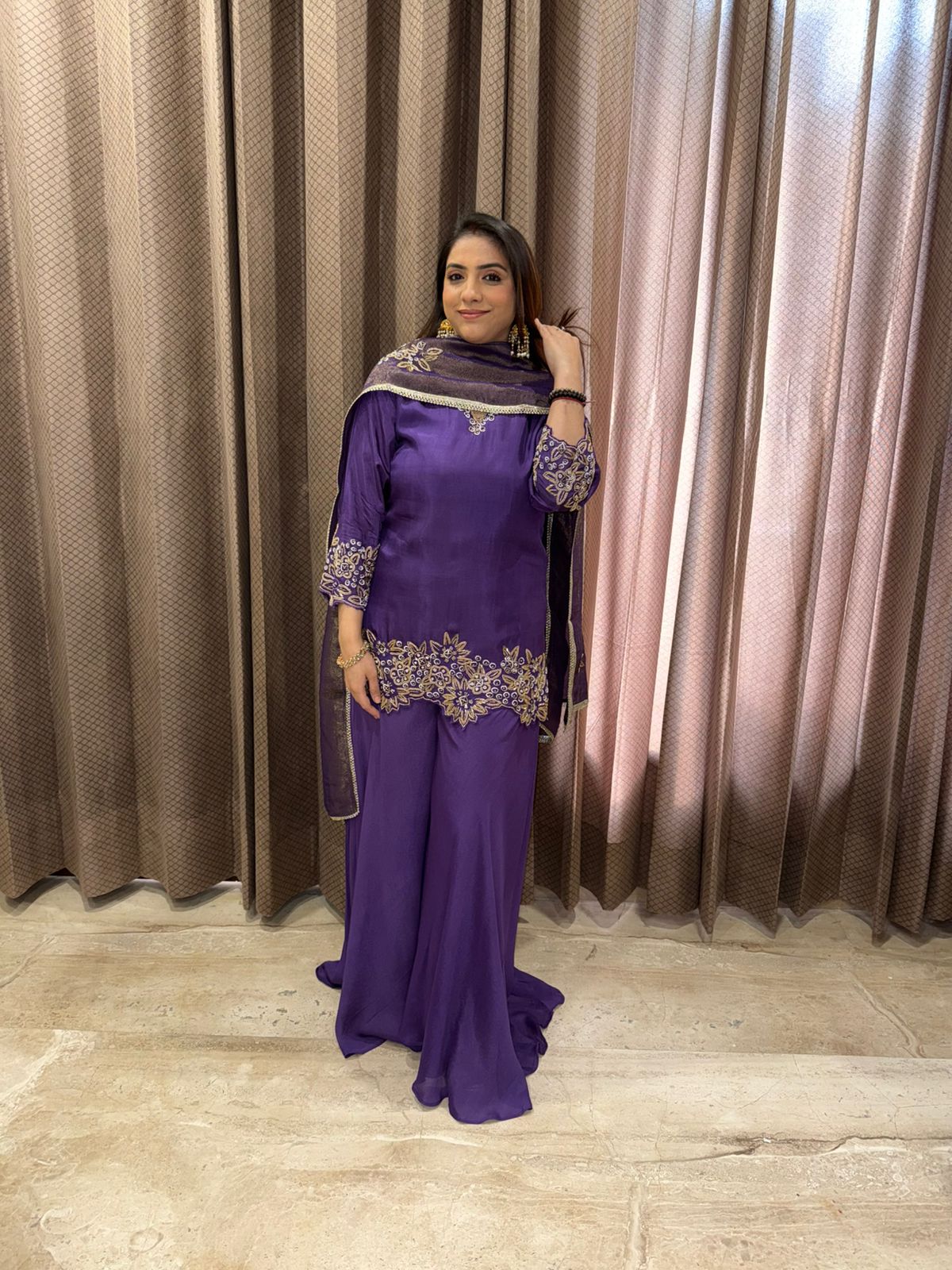 Purple Embroidered Kurta with Palazzo & Dupatta Set