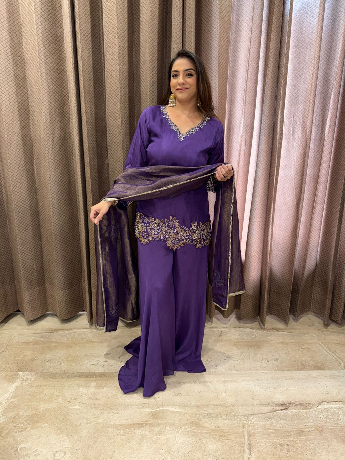 Purple Embroidered Kurta with Palazzo & Dupatta Set