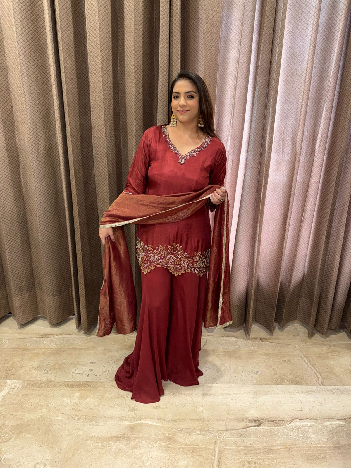 Maroon Embroidered Kurta with Palazzo & Dupatta Set