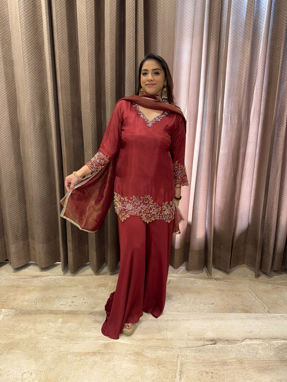 Maroon Embroidered Kurta with Palazzo & Dupatta Set