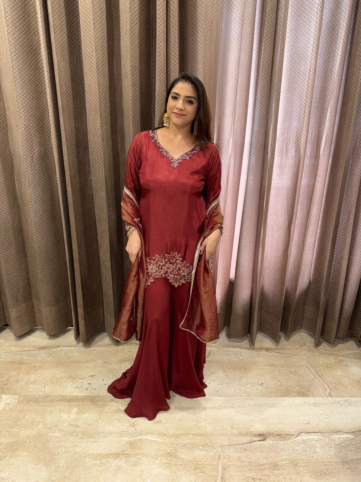 Maroon Embroidered Kurta with Palazzo & Dupatta Set