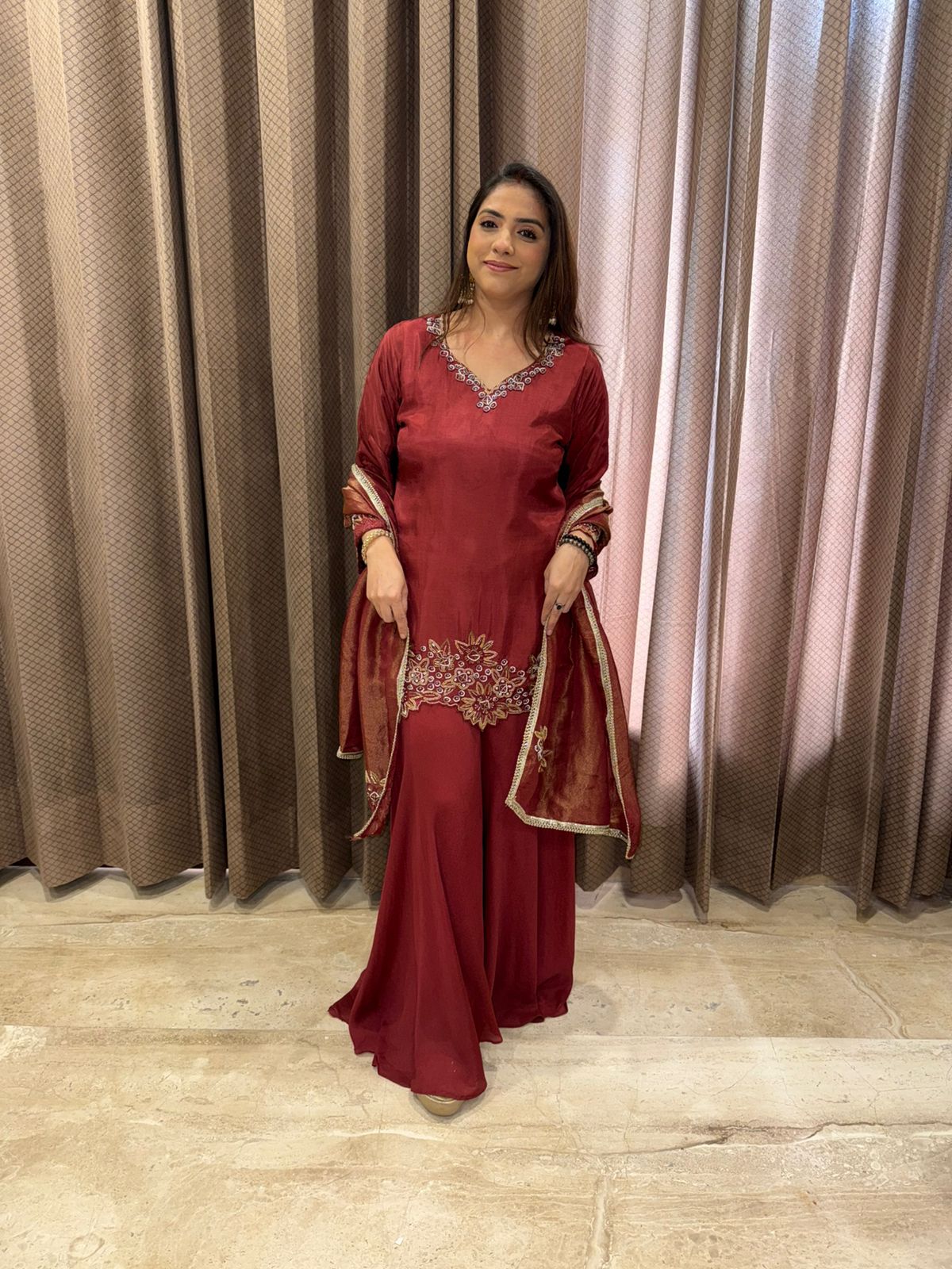 Maroon Embroidered Kurta with Palazzo & Dupatta Set