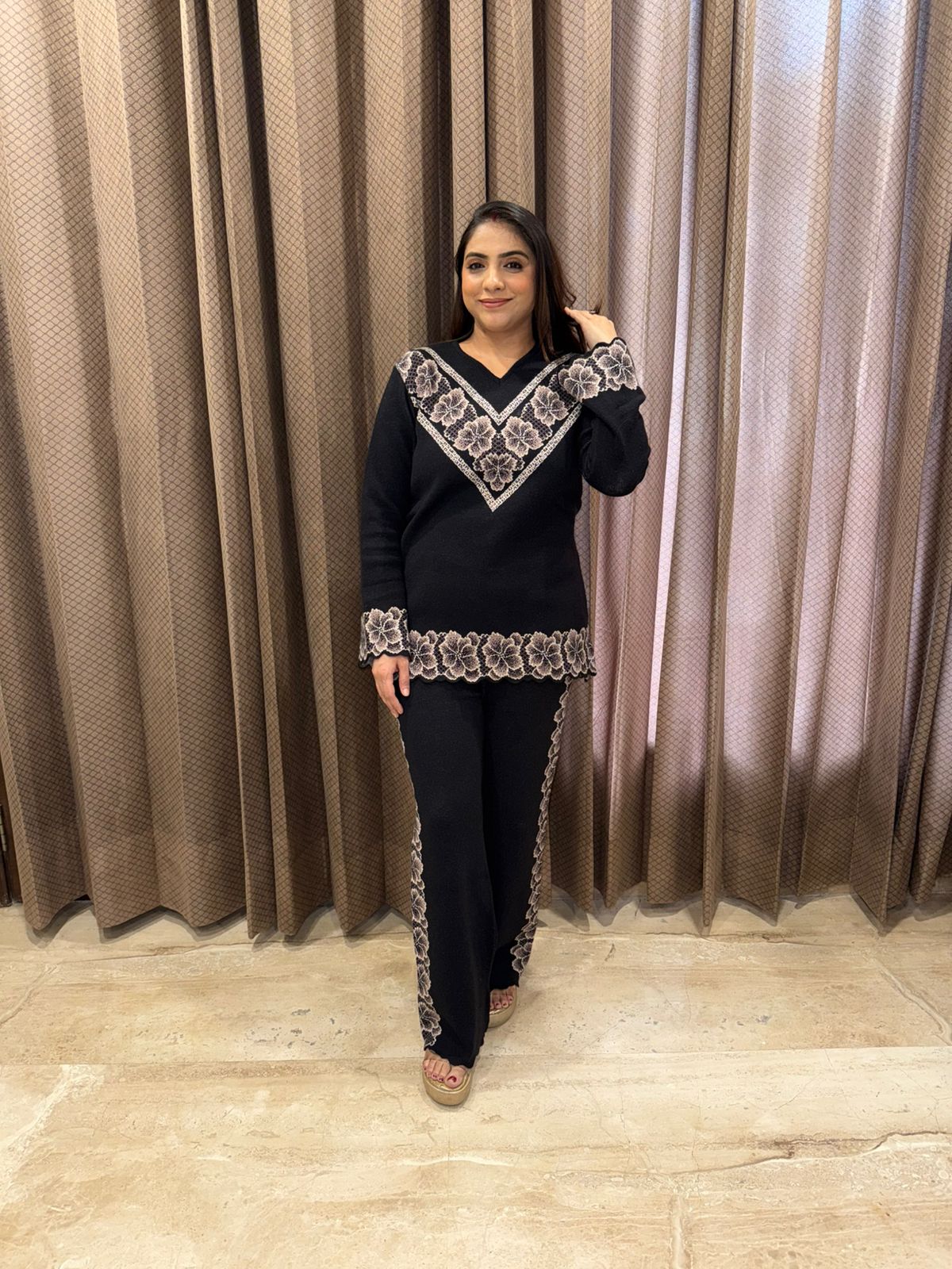 Black Floral Printed Knit Co-ord Set