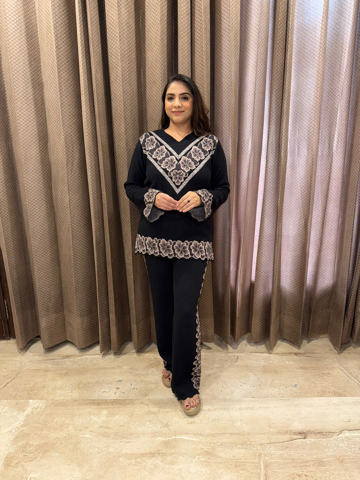 Black Floral Printed Knit Co-ord Set