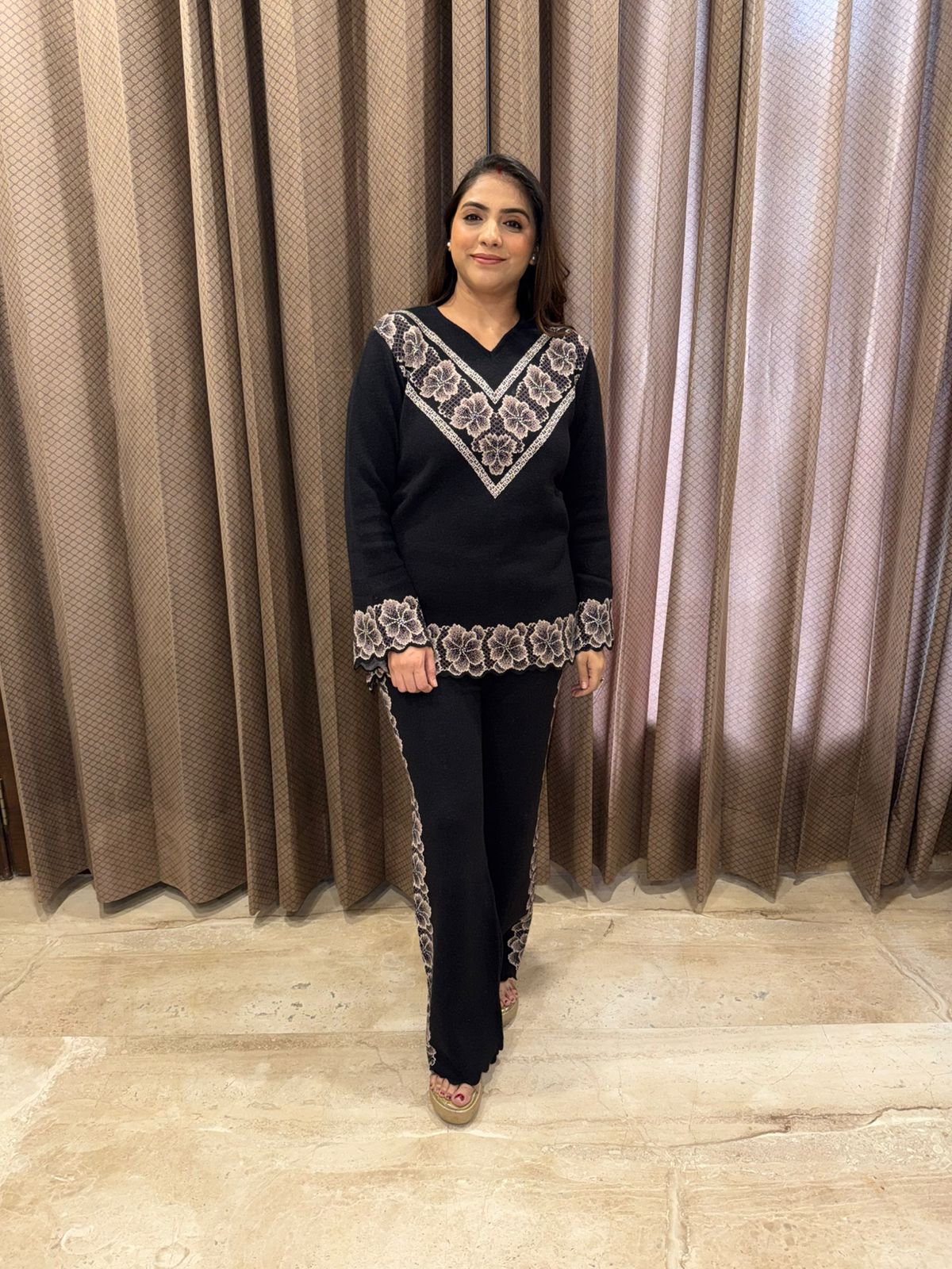 Black Floral Printed Knit Co-ord Set