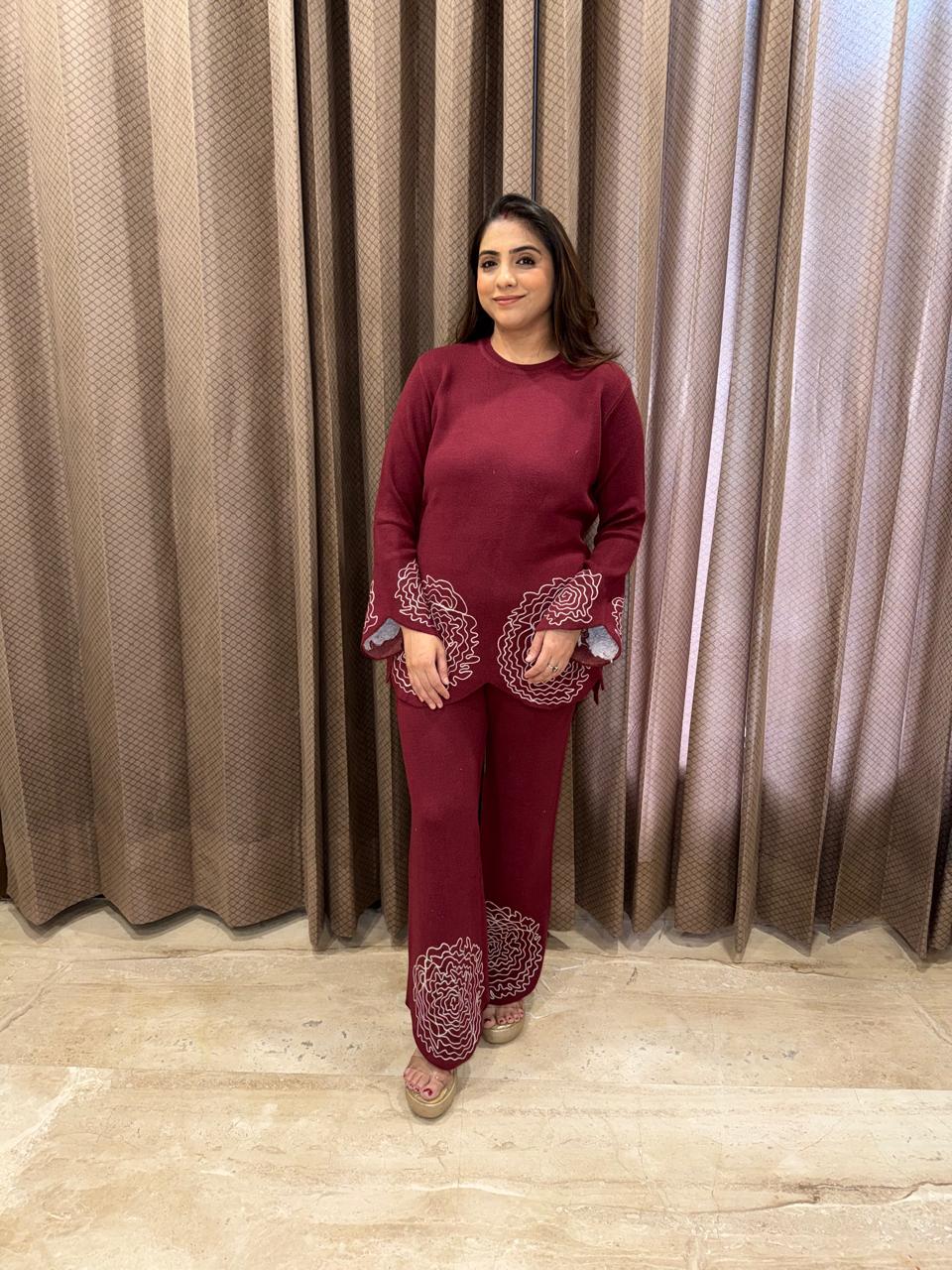 Maroon Floral Printed Knit Co-ord Set