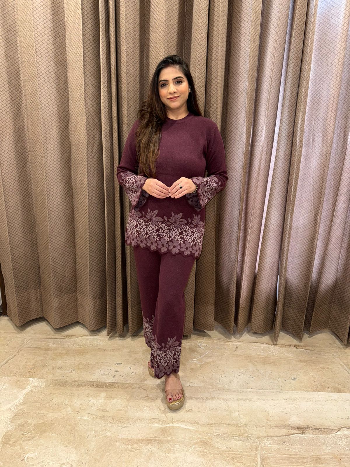 Wine Floral Printed Knit Co-ord Set