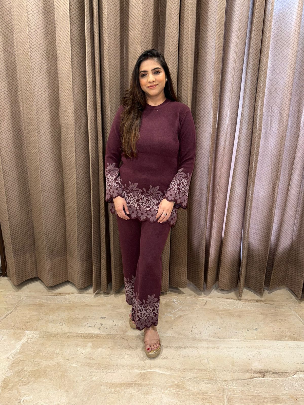 Wine Floral Printed Knit Co-ord Set