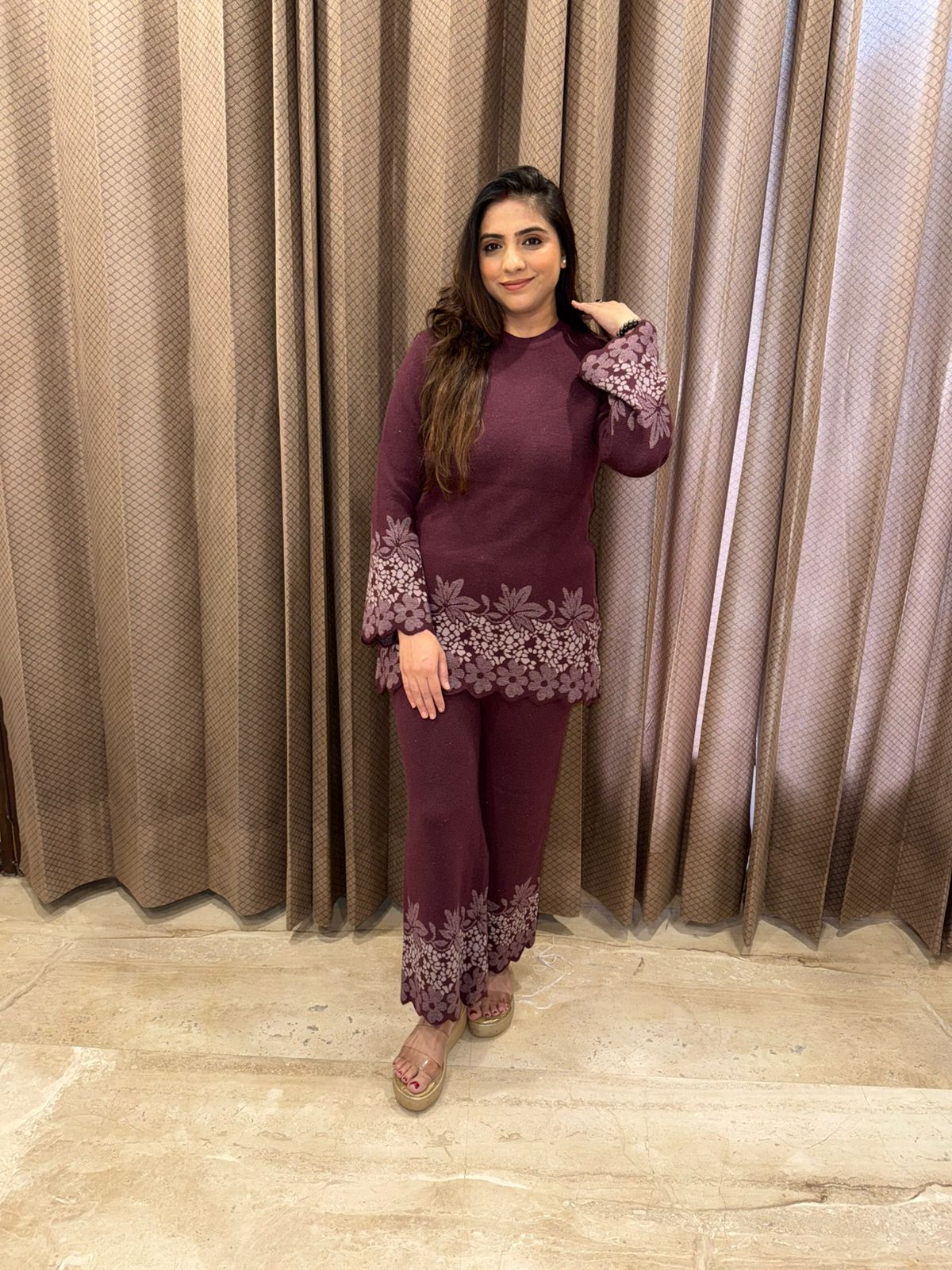 Wine Floral Printed Knit Co-ord Set