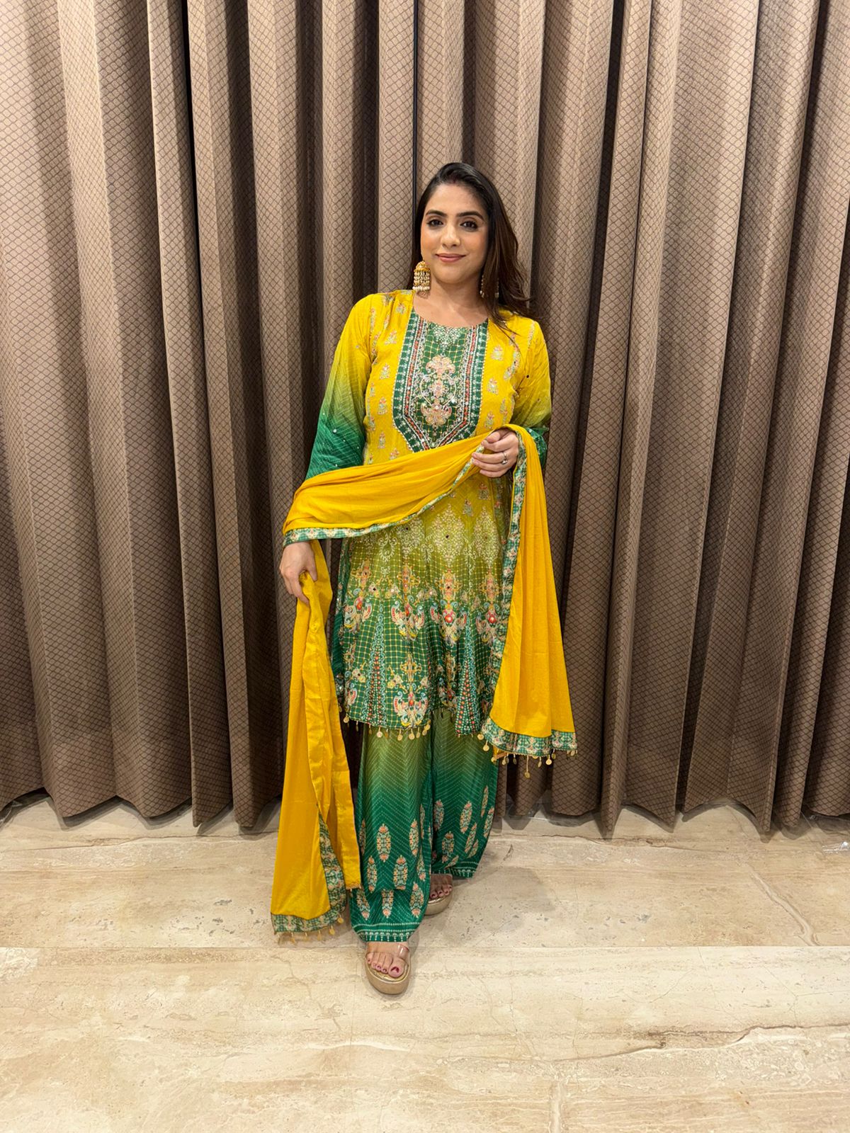 Radiant Yellow Ombre Kurta Set with Green Detailing