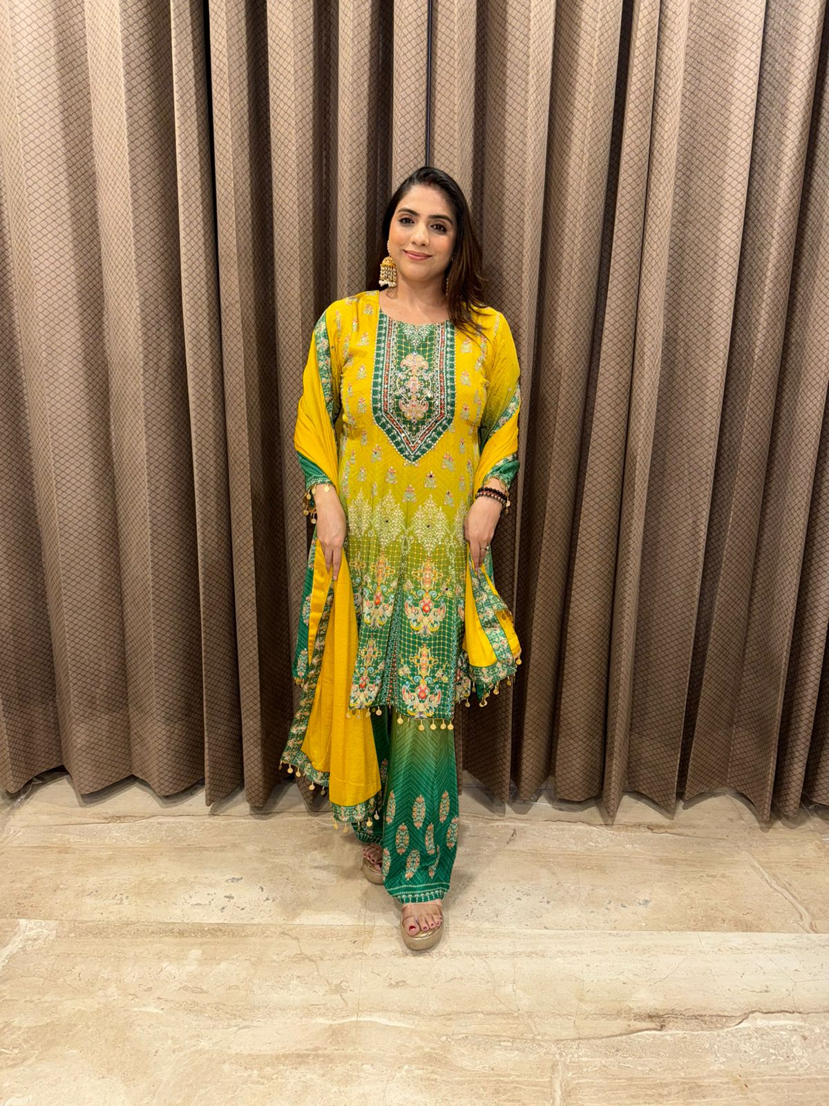 Radiant Yellow Ombre Kurta Set with Green Detailing