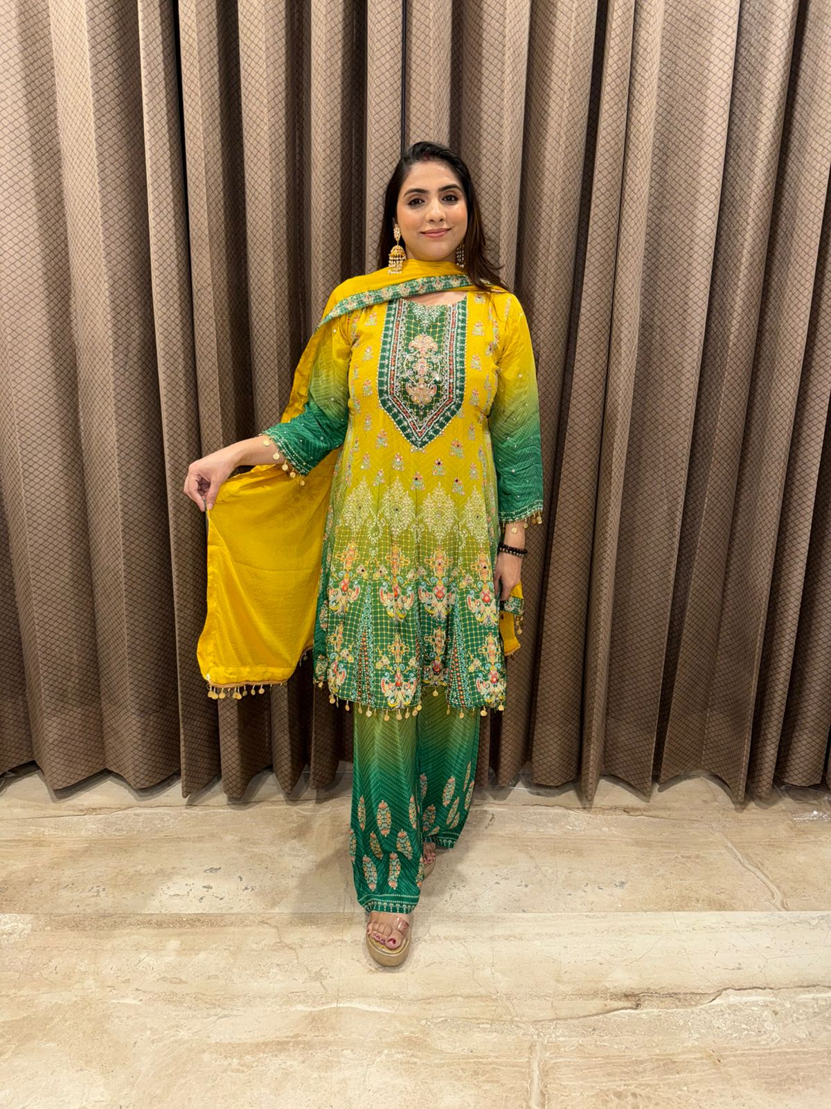 Radiant Yellow Ombre Kurta Set with Green Detailing