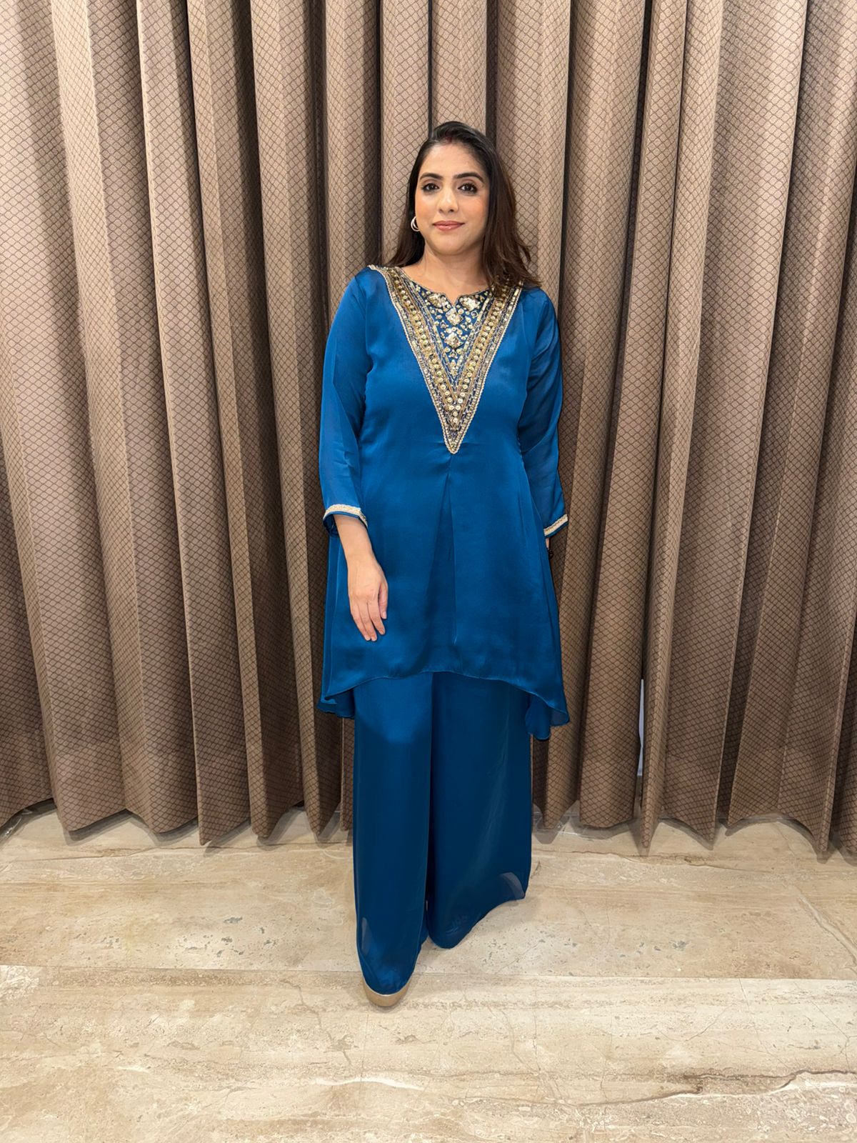 Teal Blue Co-ord Set with Hand-work Neckline