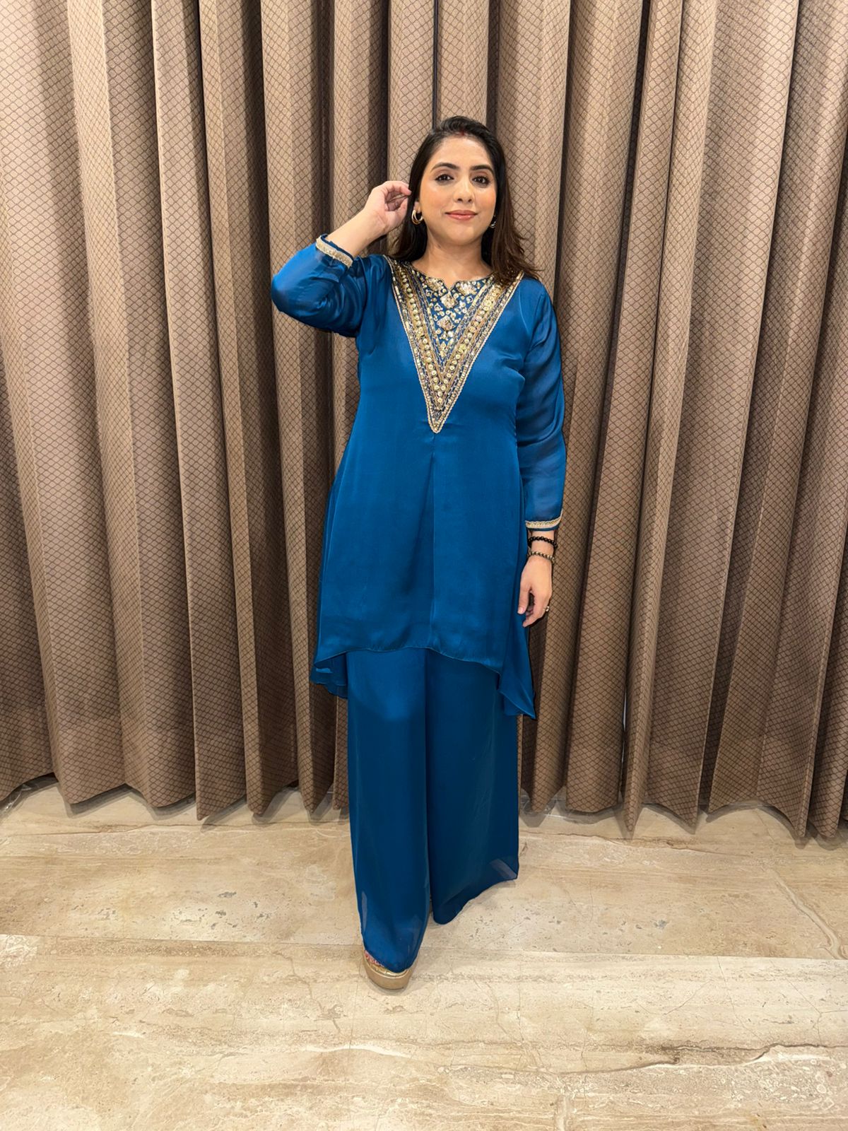 Teal Blue Co-ord Set with Hand-work Neckline