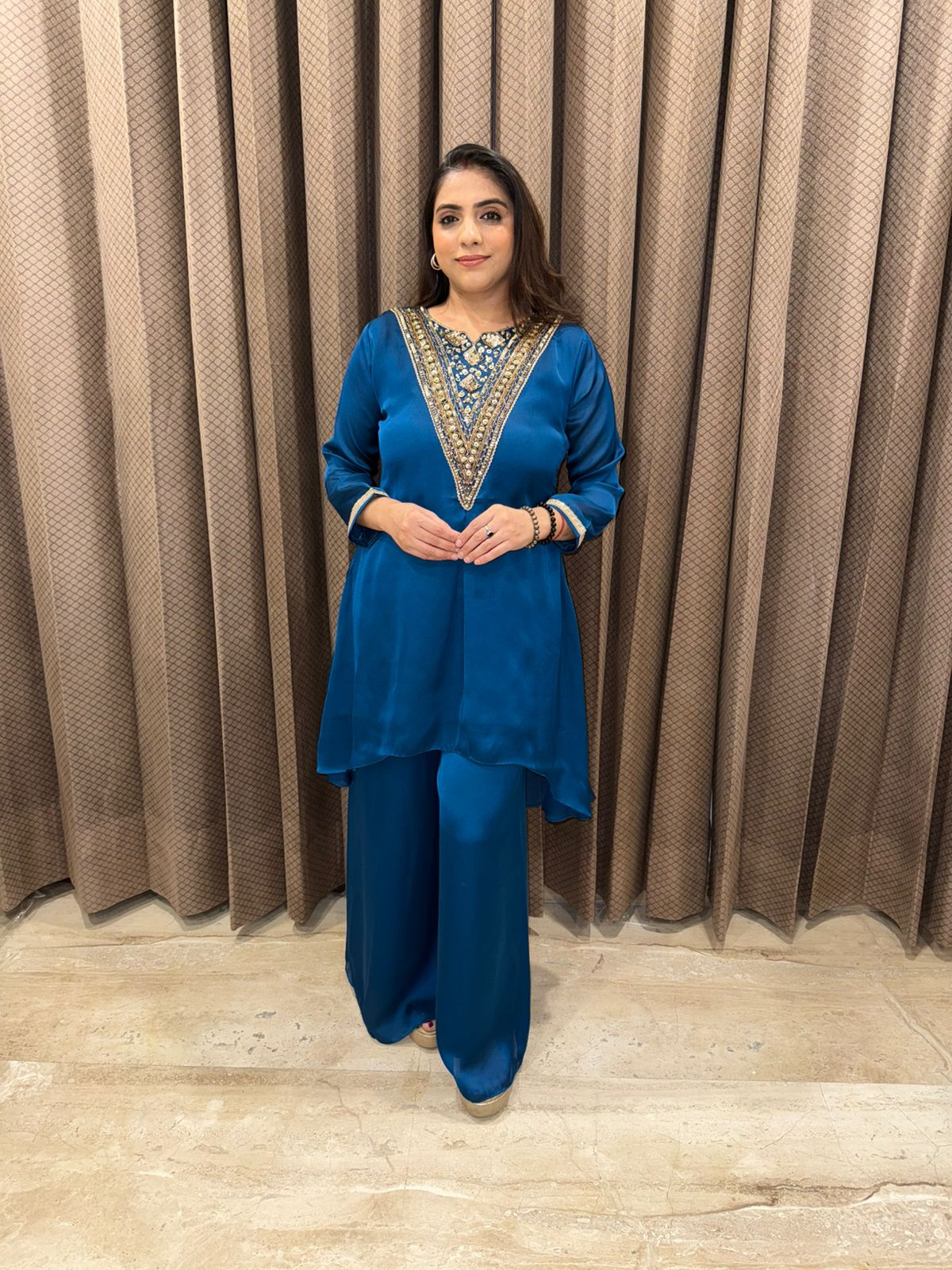 Teal Blue Co-ord Set with Hand-work Neckline