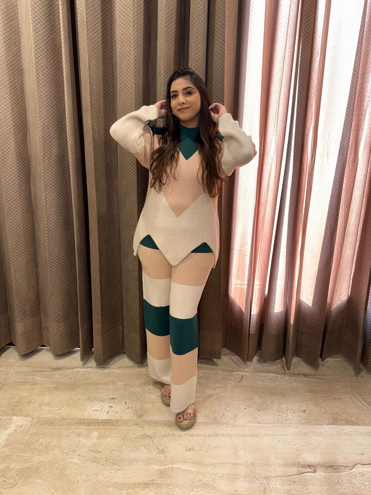 Colorblock Knit Co-Ord Set in Beige & Green