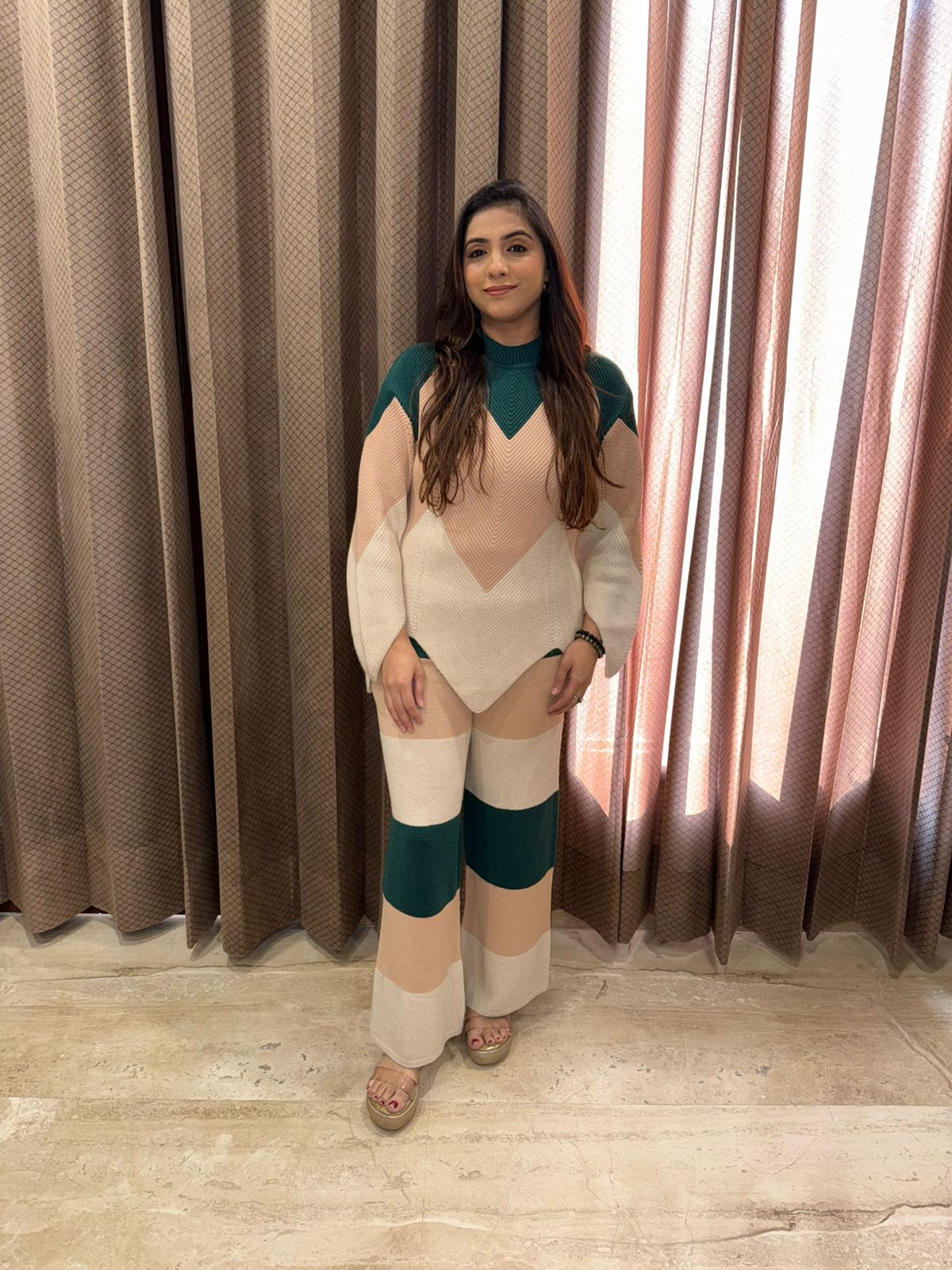 Colorblock Knit Co-Ord Set in Beige & Green