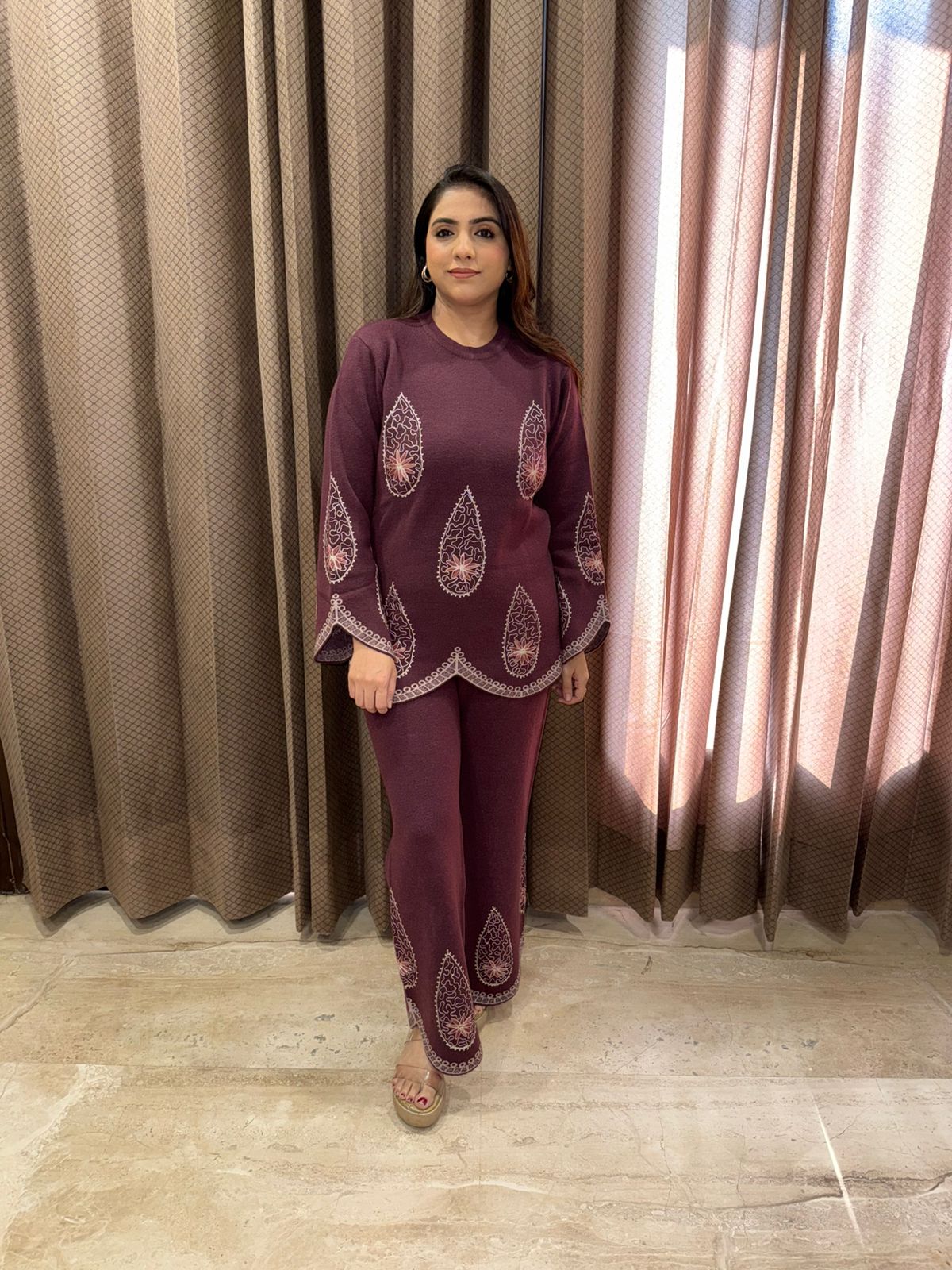 Luxury Knit Co-ord in Deep Wine with Paisley Detailing