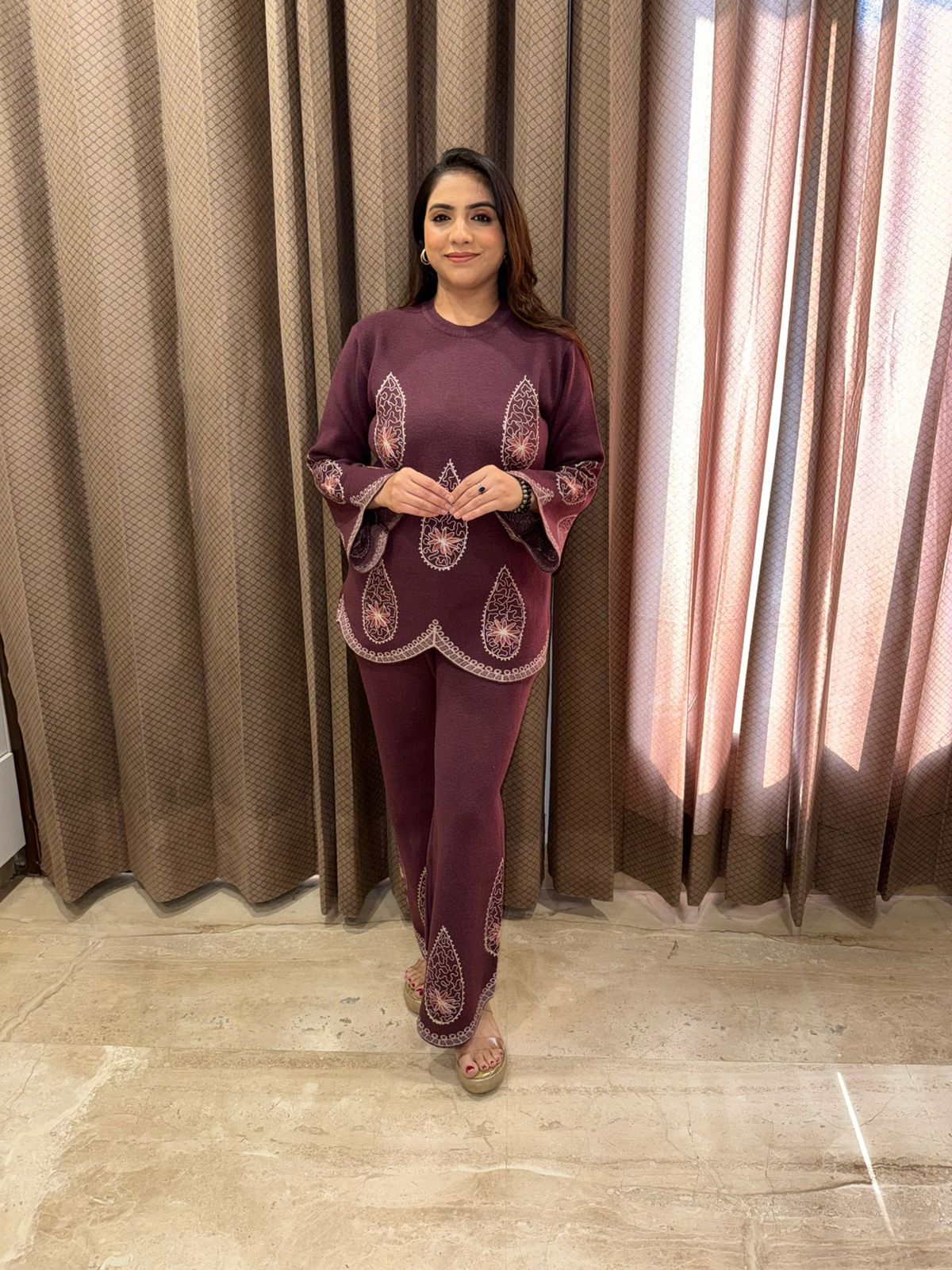 Luxury Knit Co-ord in Deep Wine with Paisley Detailing