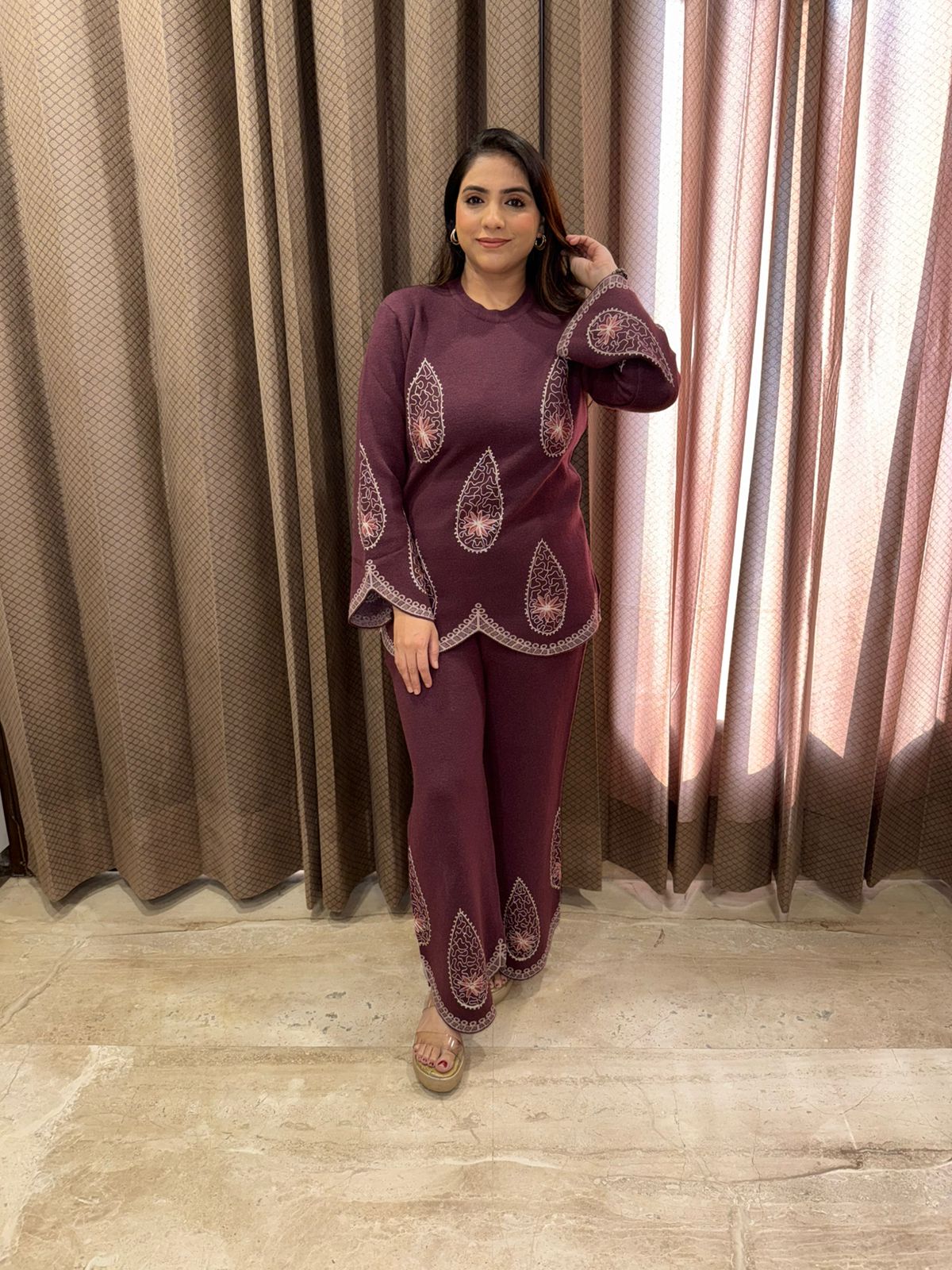 Luxury Knit Co-ord in Deep Wine with Paisley Detailing