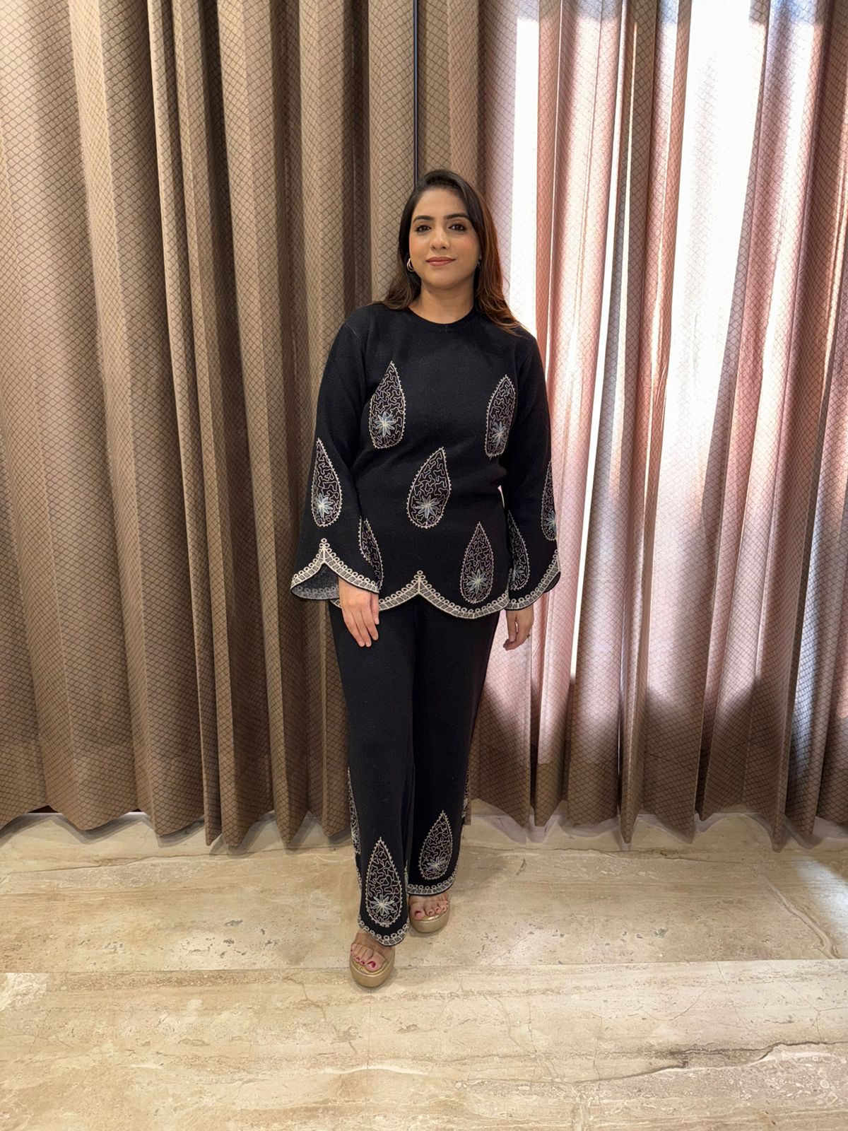 Elegant Black Knit Co-ord with Silver Paisley Print