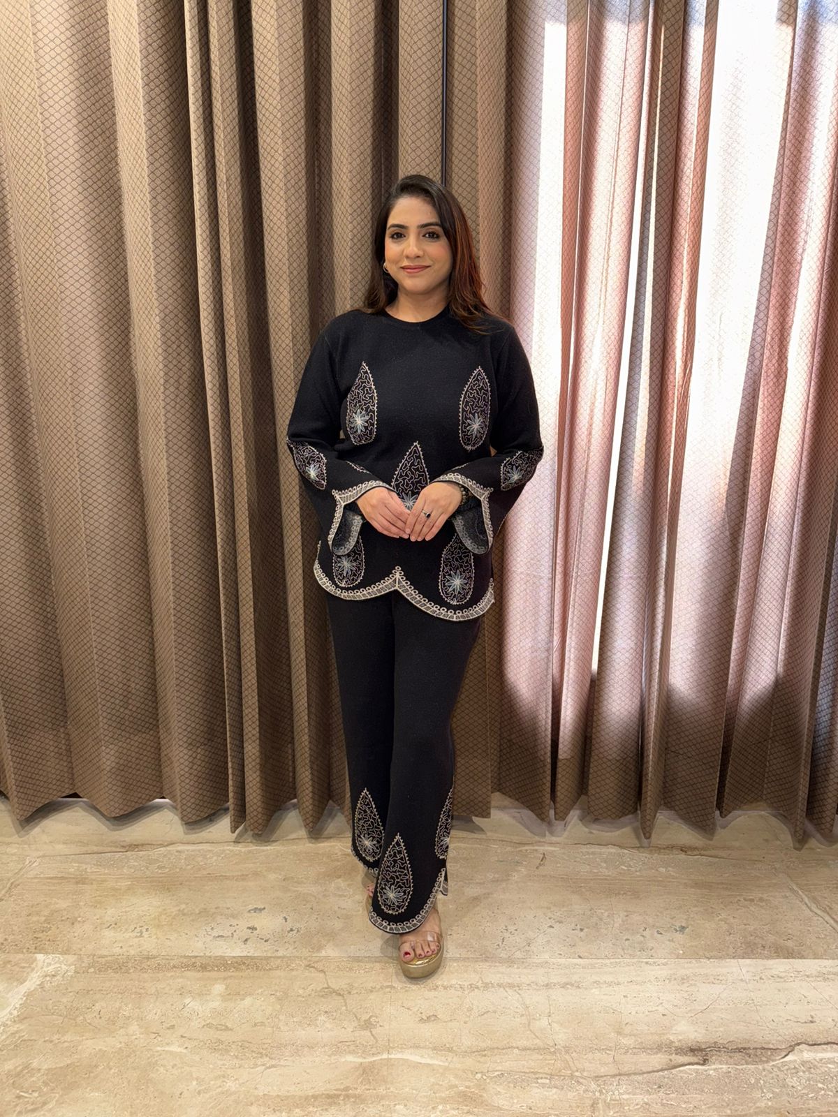 Elegant Black Knit Co-ord with Silver Paisley Print