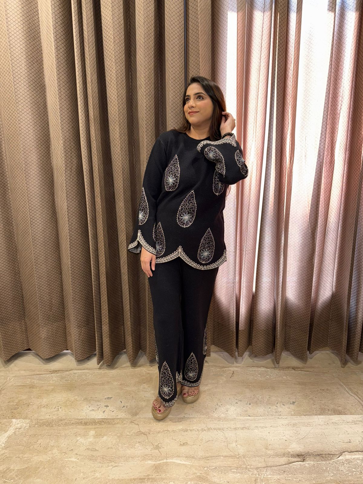 Elegant Black Knit Co-ord with Silver Paisley Print