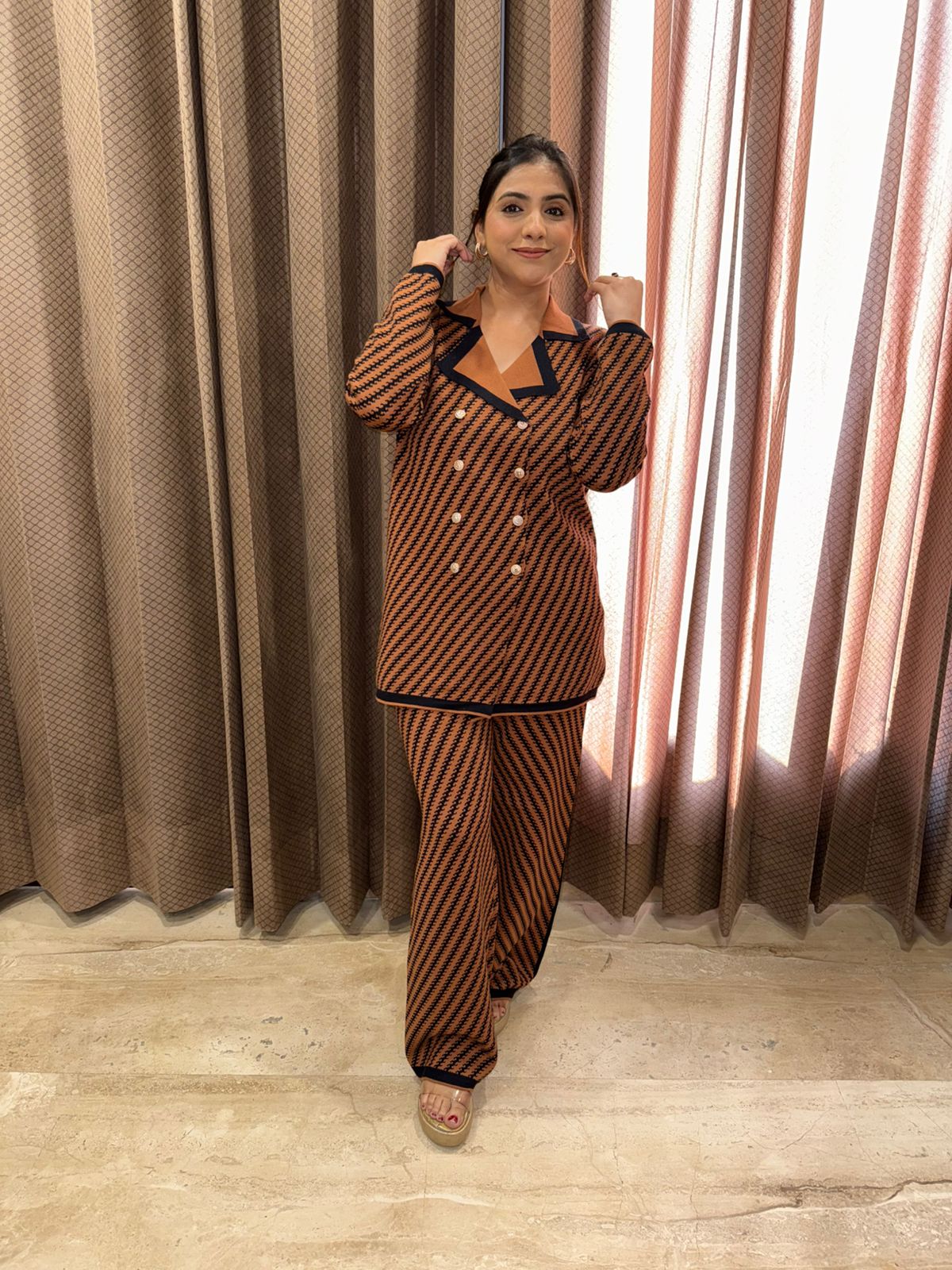 Brown Designer Monochrome Co-ord Set with Contrast Trim