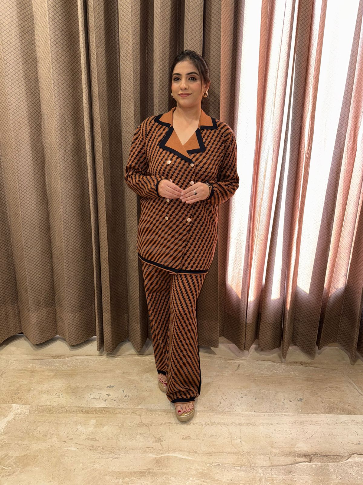 Brown Designer Monochrome Co-ord Set with Contrast Trim