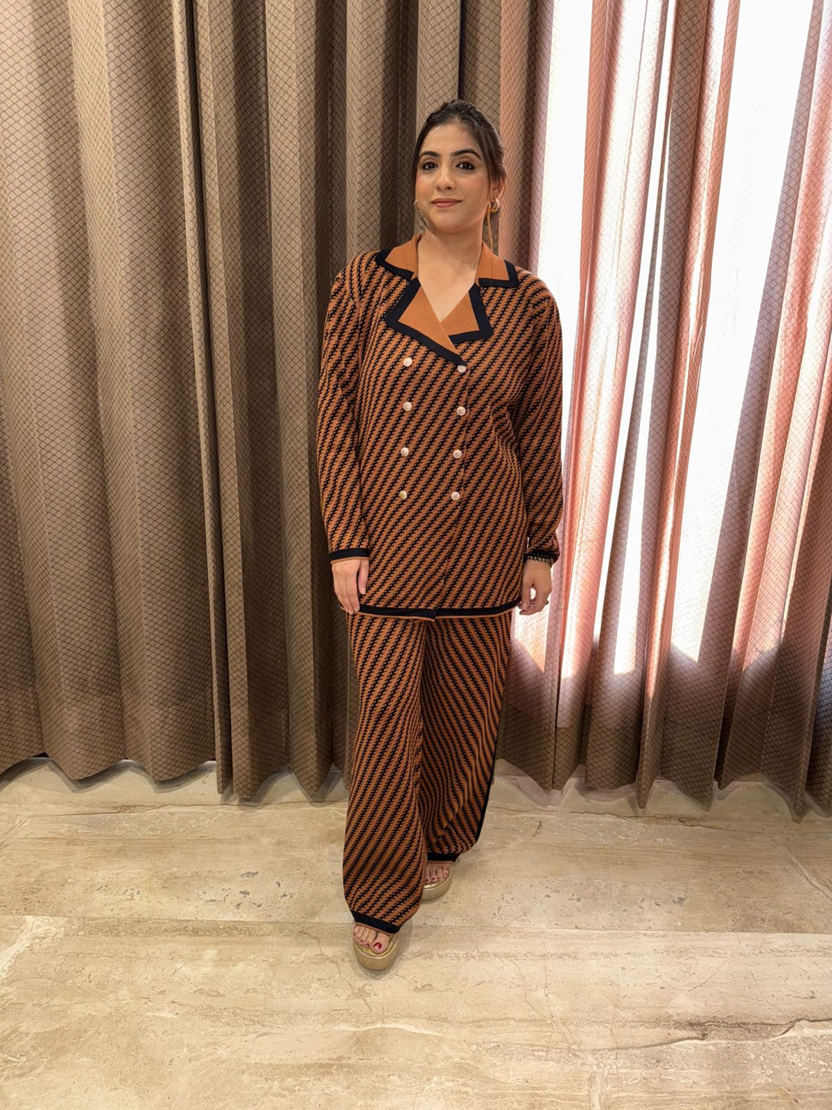 Brown Designer Monochrome Co-ord Set with Contrast Trim