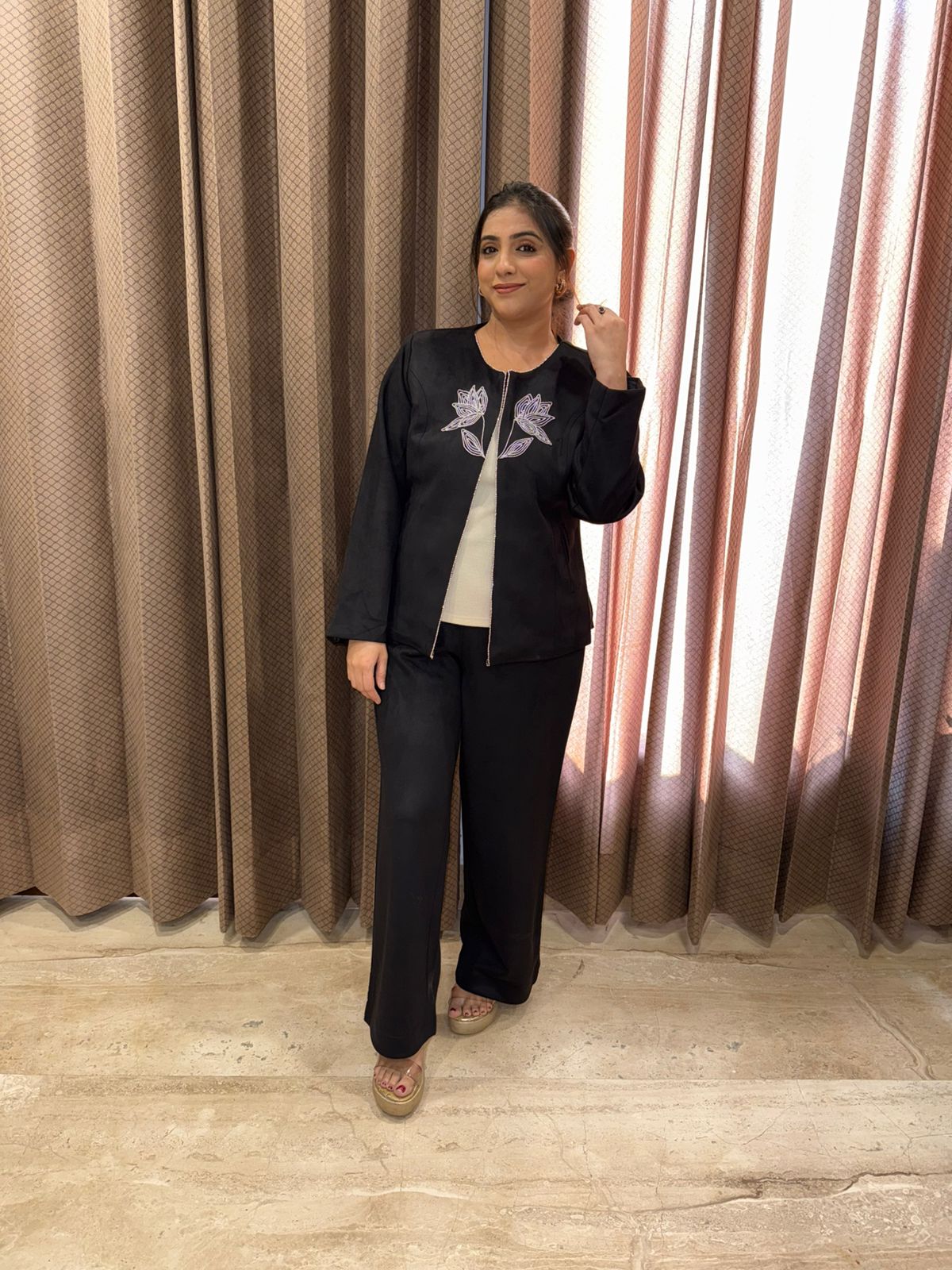 Chic Black Co-ord Set with Front Hand-work