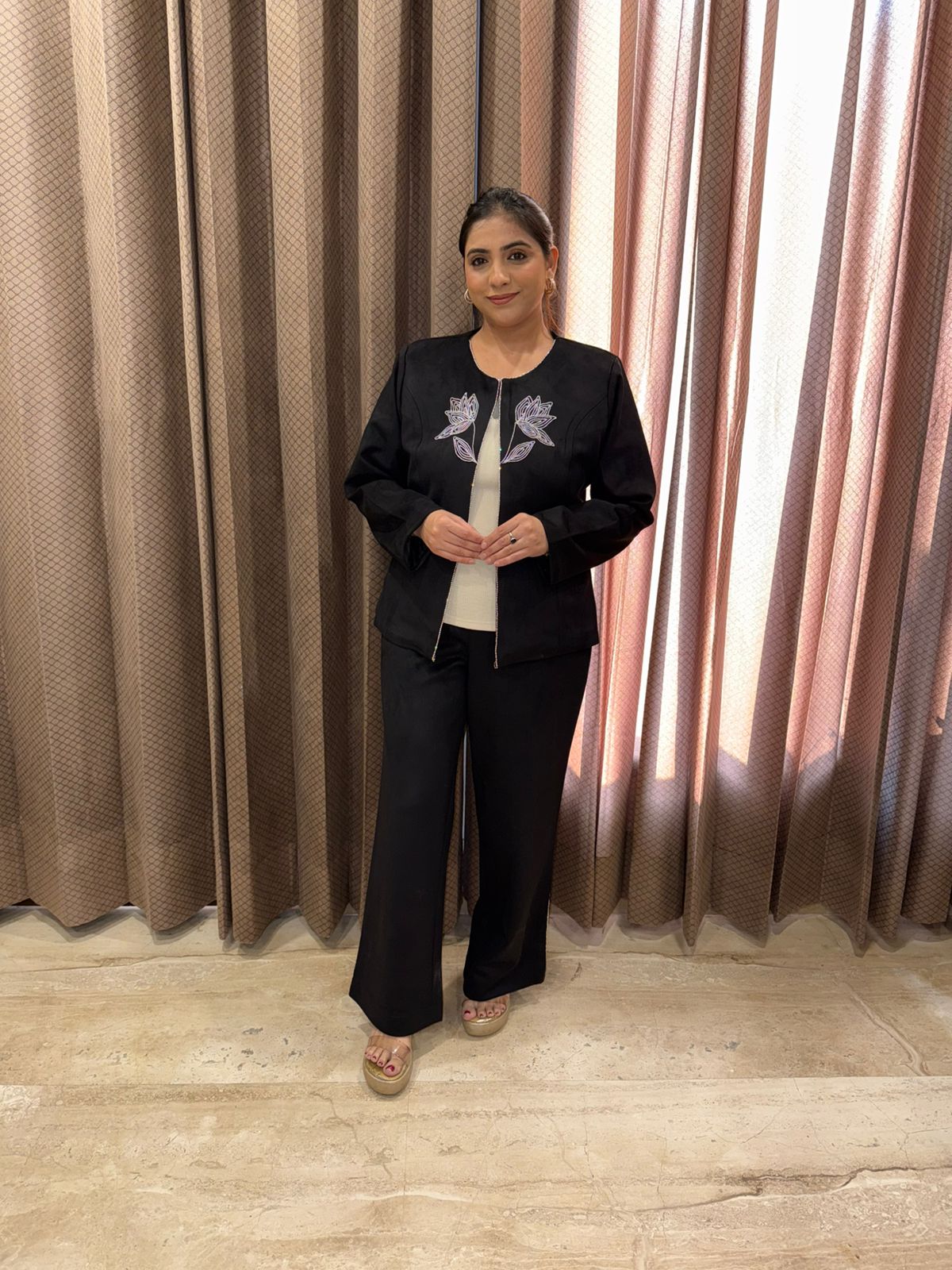 Chic Black Co-ord Set with Front Hand-work