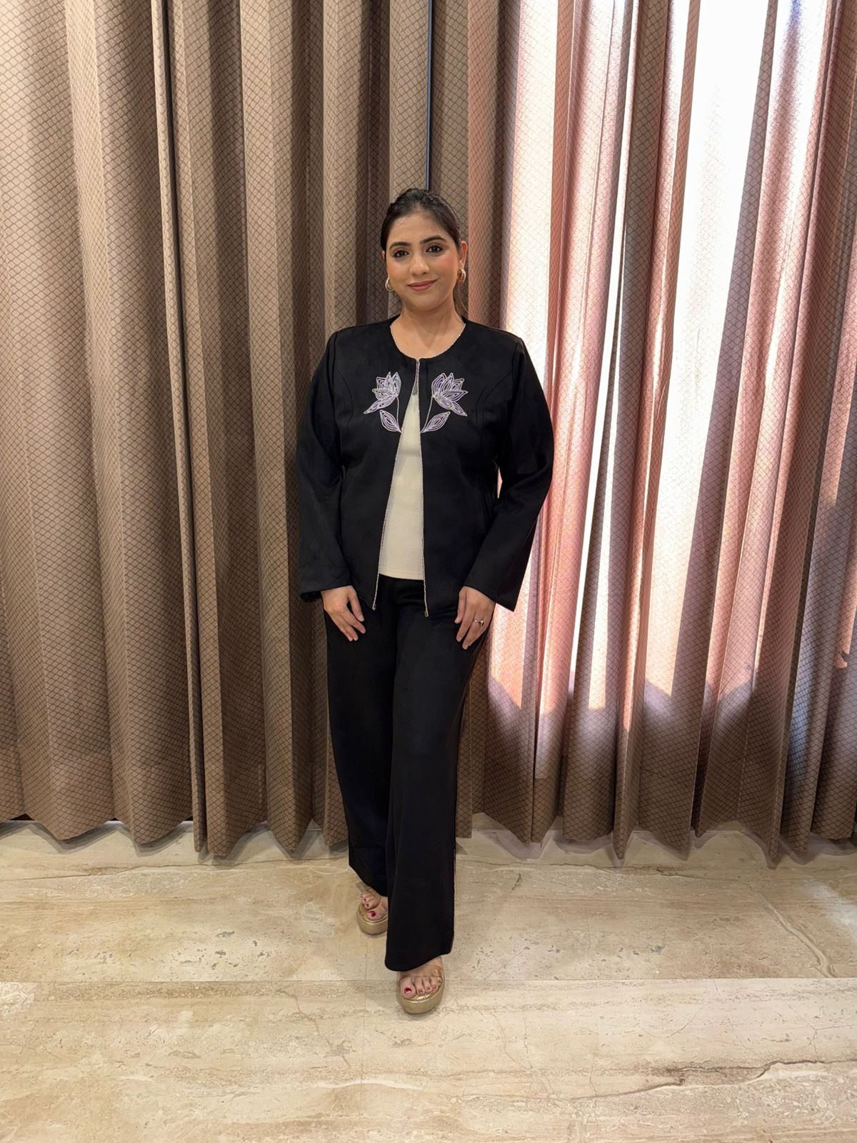 Chic Black Co-ord Set with Front Hand-work