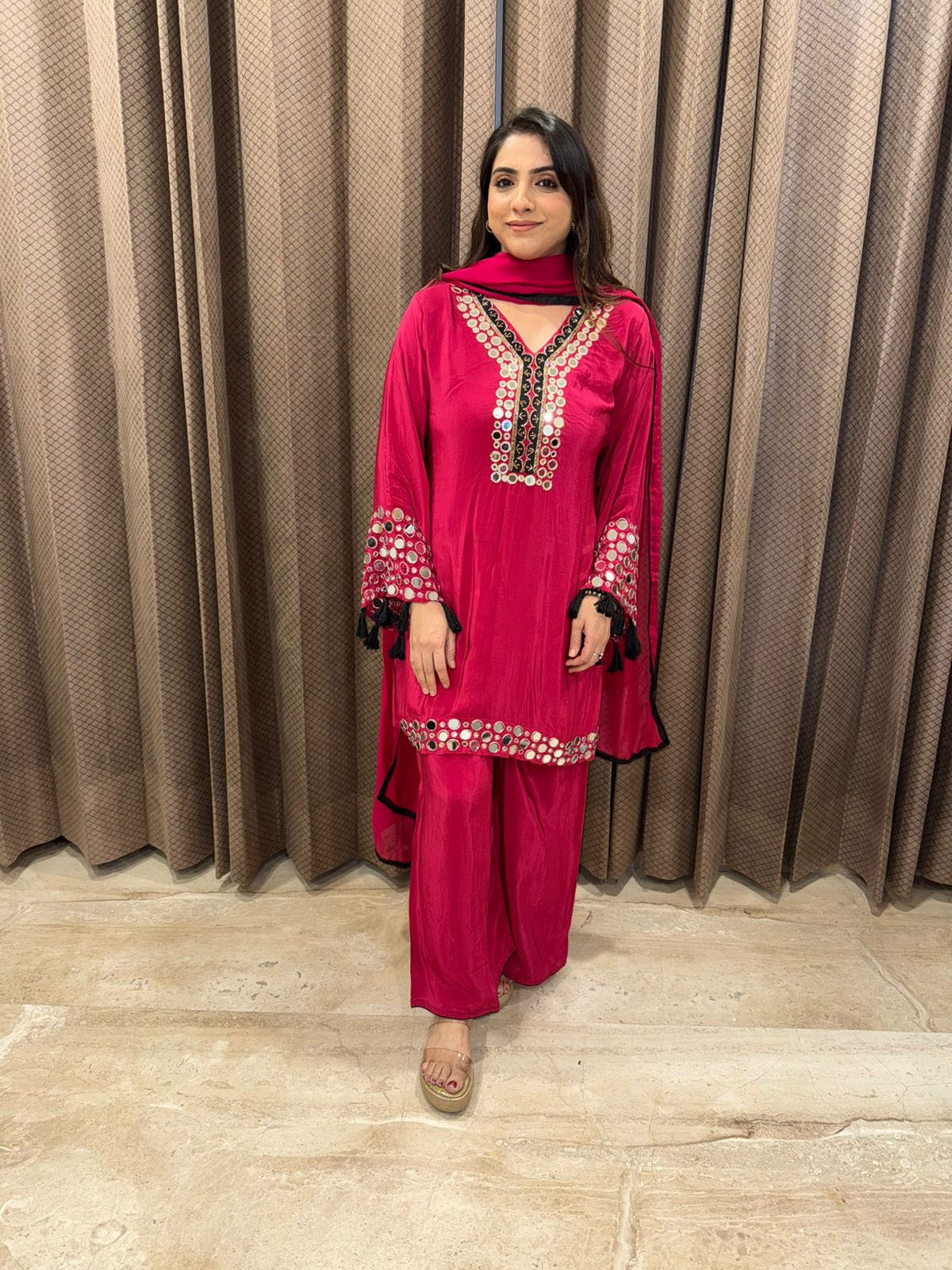 Rani Pink Mirror Work Kurta Palazzo Set with Dupatta