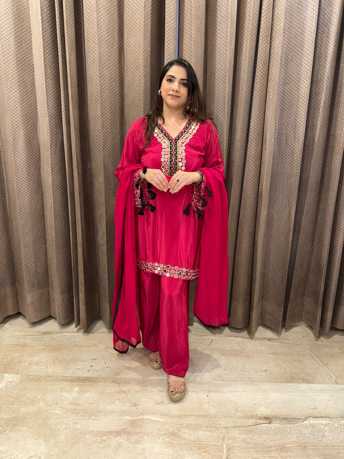 Rani Pink Mirror Work Kurta Palazzo Set with Dupatta