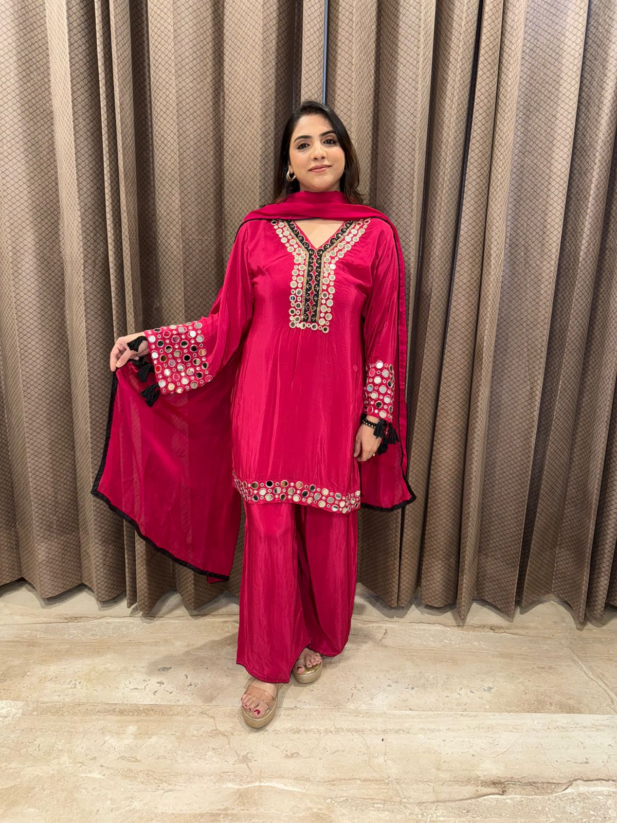 Rani Pink Mirror Work Kurta Palazzo Set with Dupatta