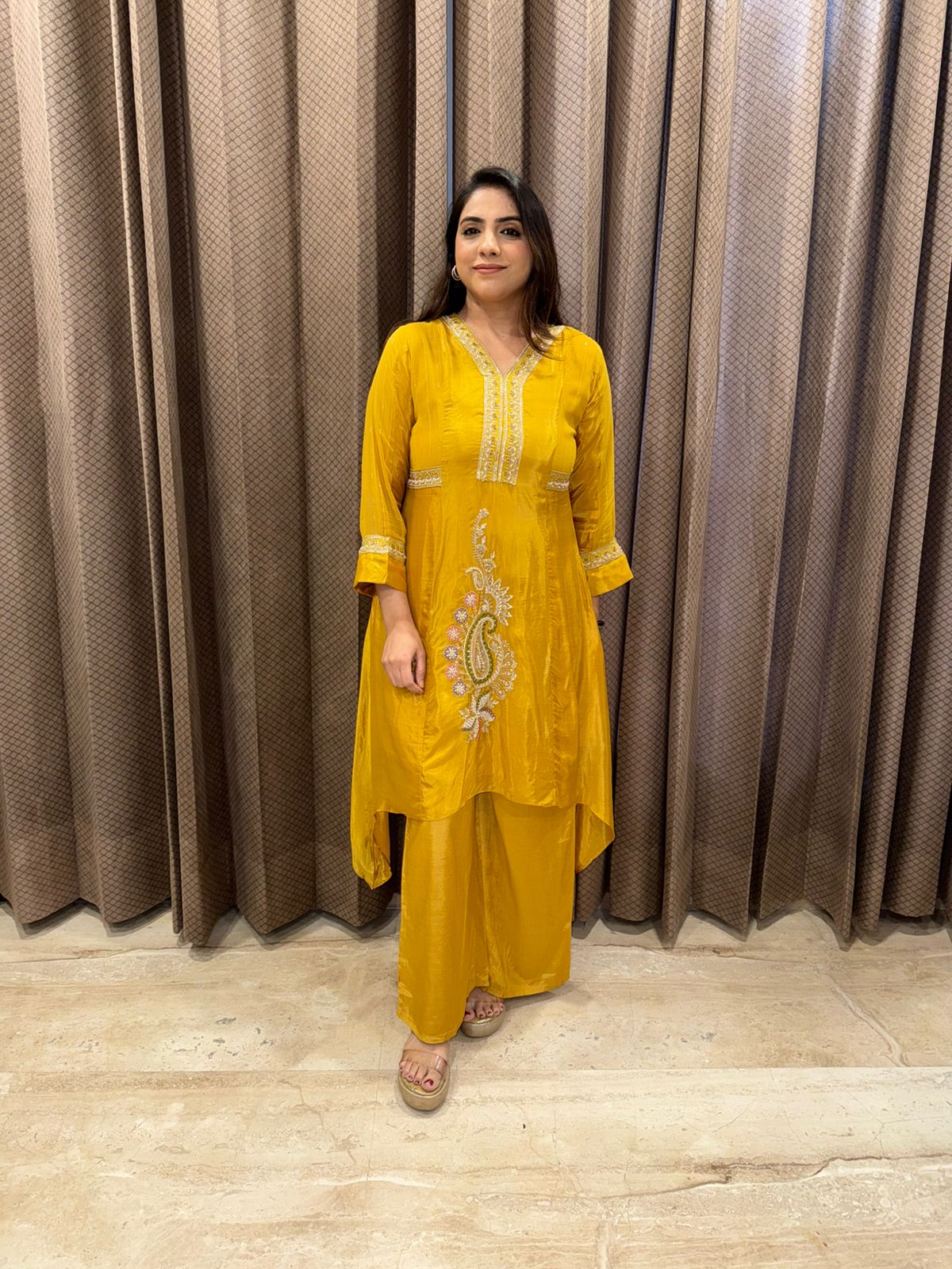 Mustard Shine Embellished Kurta & Palazzo Ensemble