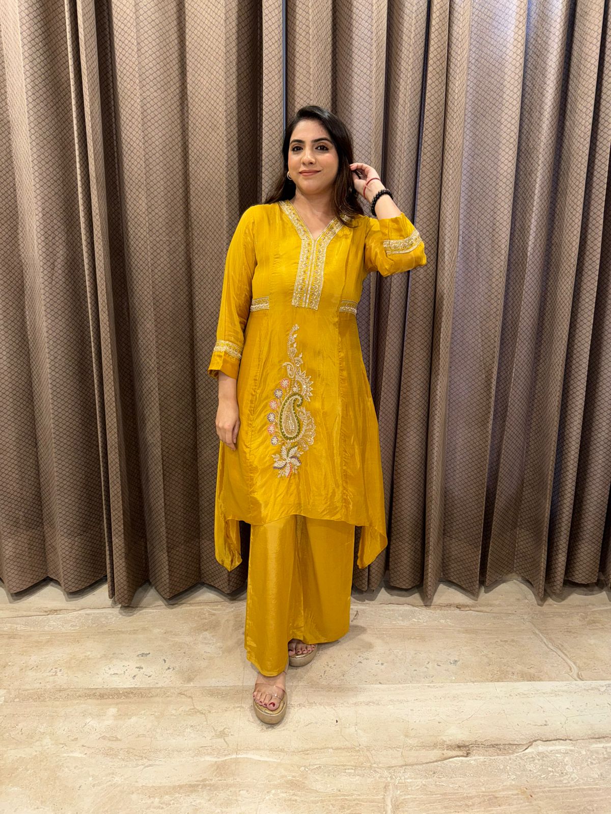 Mustard Shine Embellished Kurta & Palazzo Ensemble