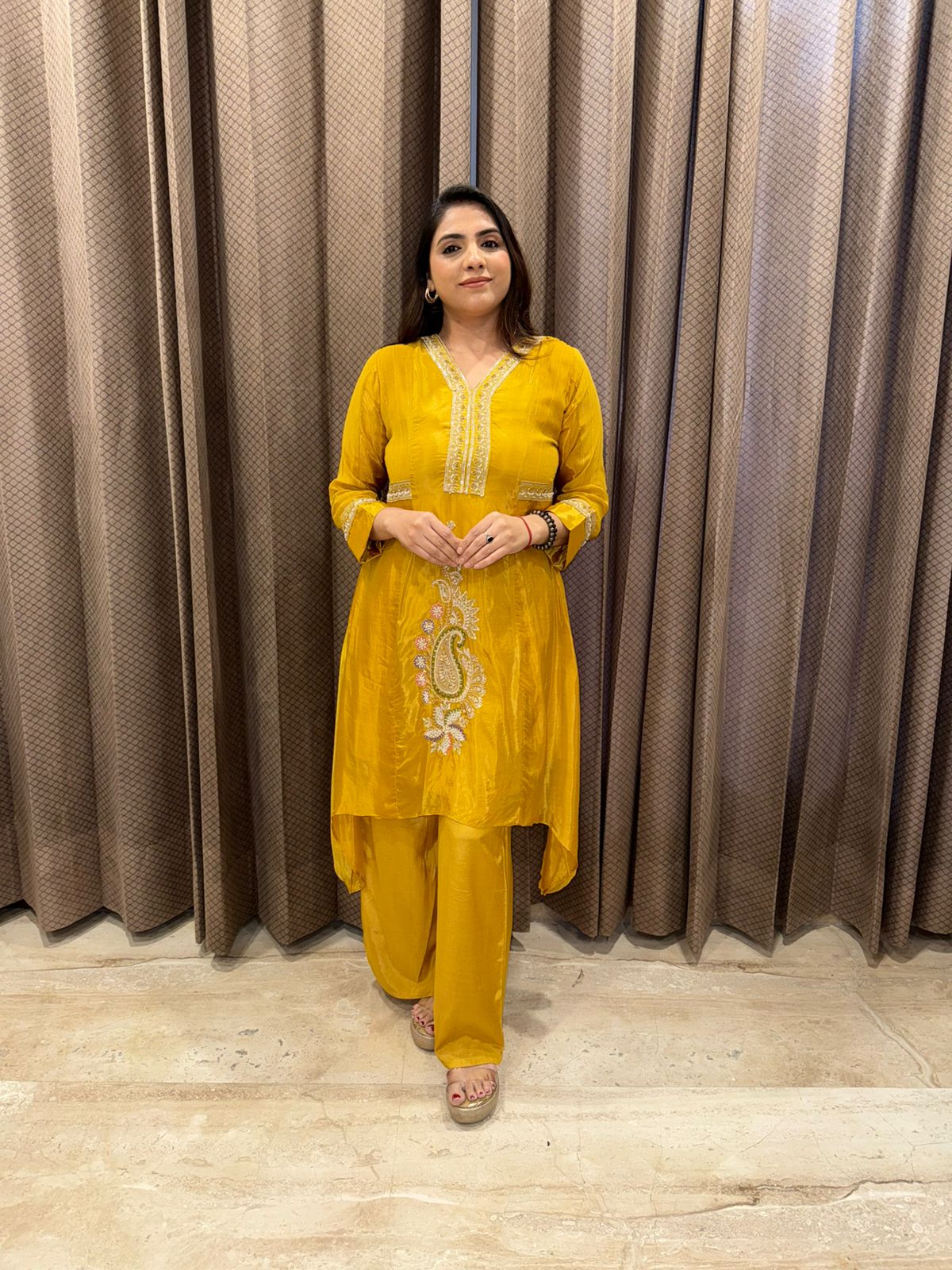 Mustard Shine Embellished Kurta & Palazzo Ensemble