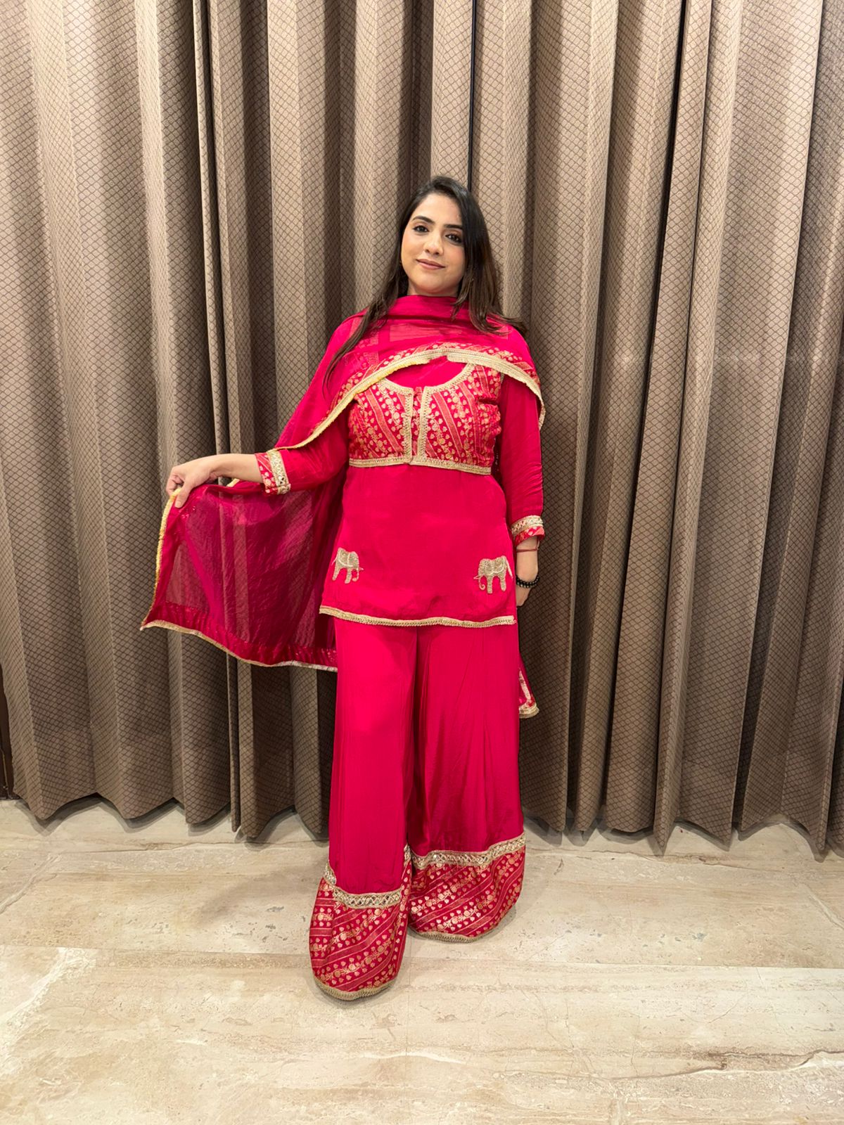 Rani Pink Partywear Hand-work Sharara Suit Set with Jacket